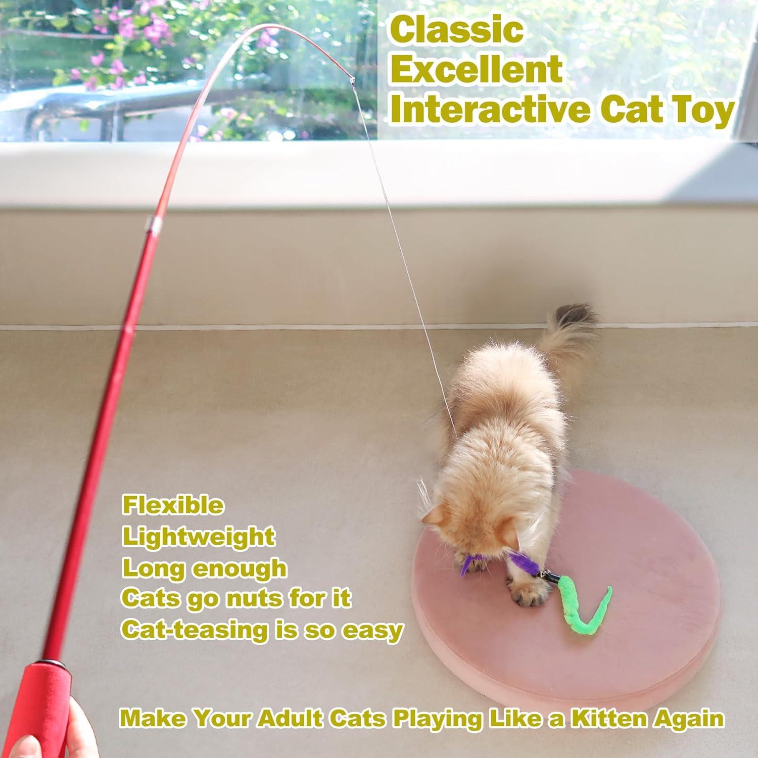 Cat Feather Toy, Retractable Cat Toys Wand 2 Wands & 9 Assorted Teaser Refills, Interactive Feather Teaser Wand Toy Bell Kitt