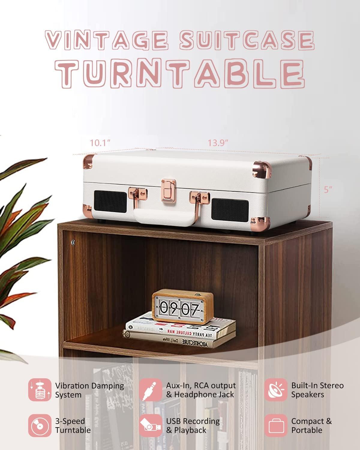 White Vintage Suitcase 3-Speed Portable Turntable with USB