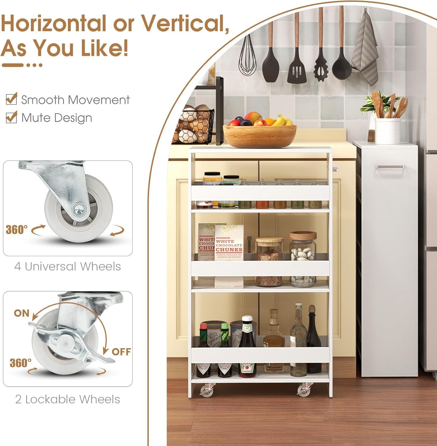 White Slim Rolling Kitchen Cart with Multi-Tier Storage