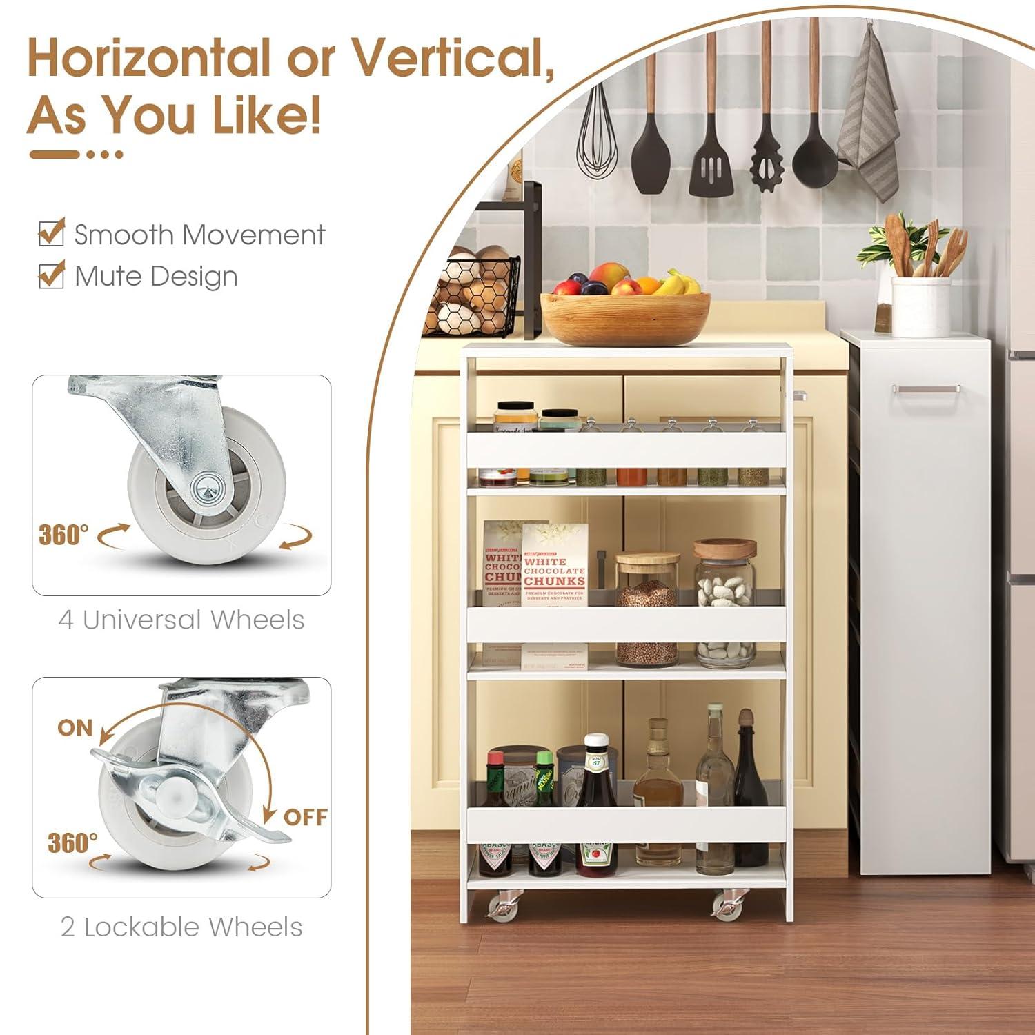 White Slim Rolling Kitchen Cart with Multi-Tier Storage