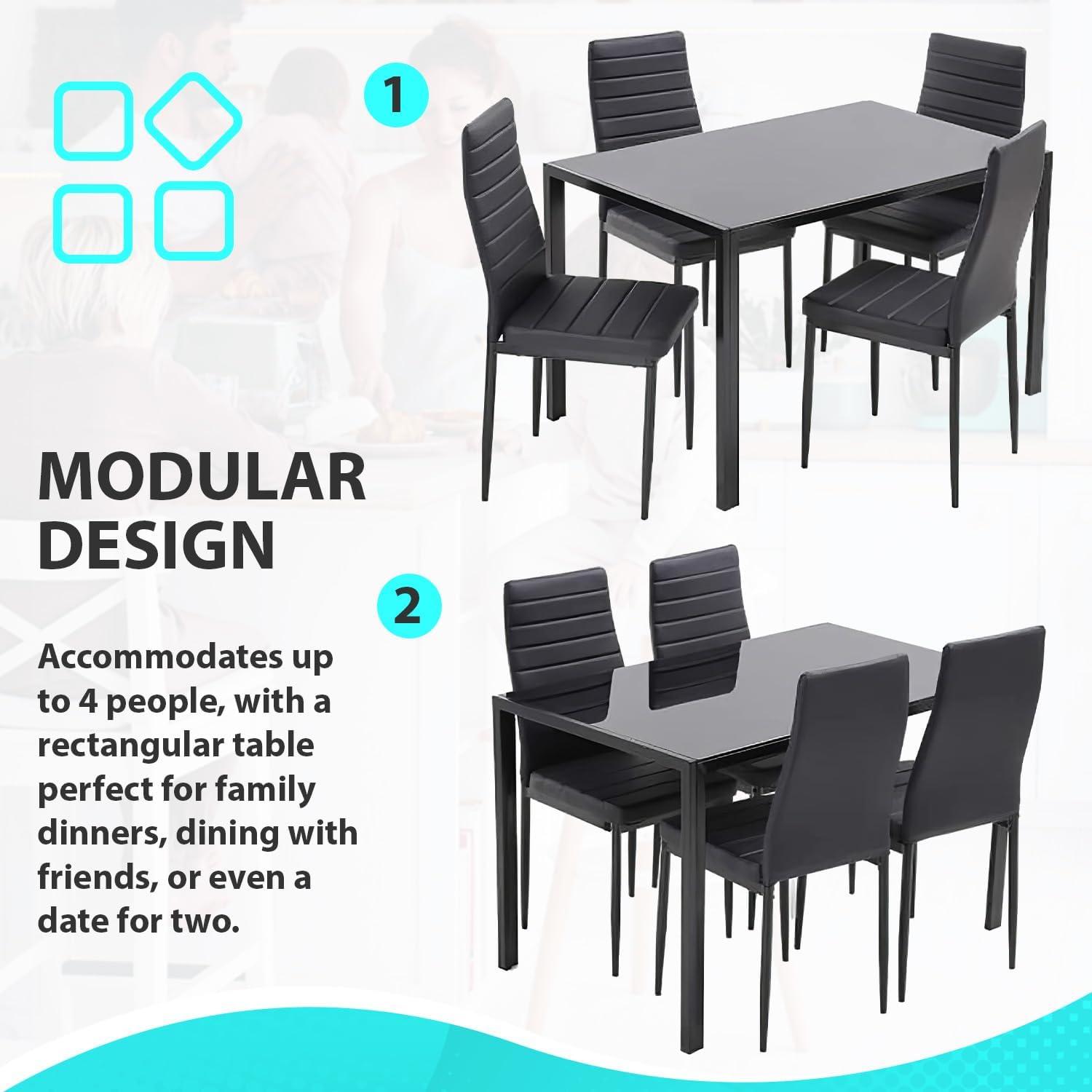 Black Glass Top Dining Table Set with Faux Leather Chairs