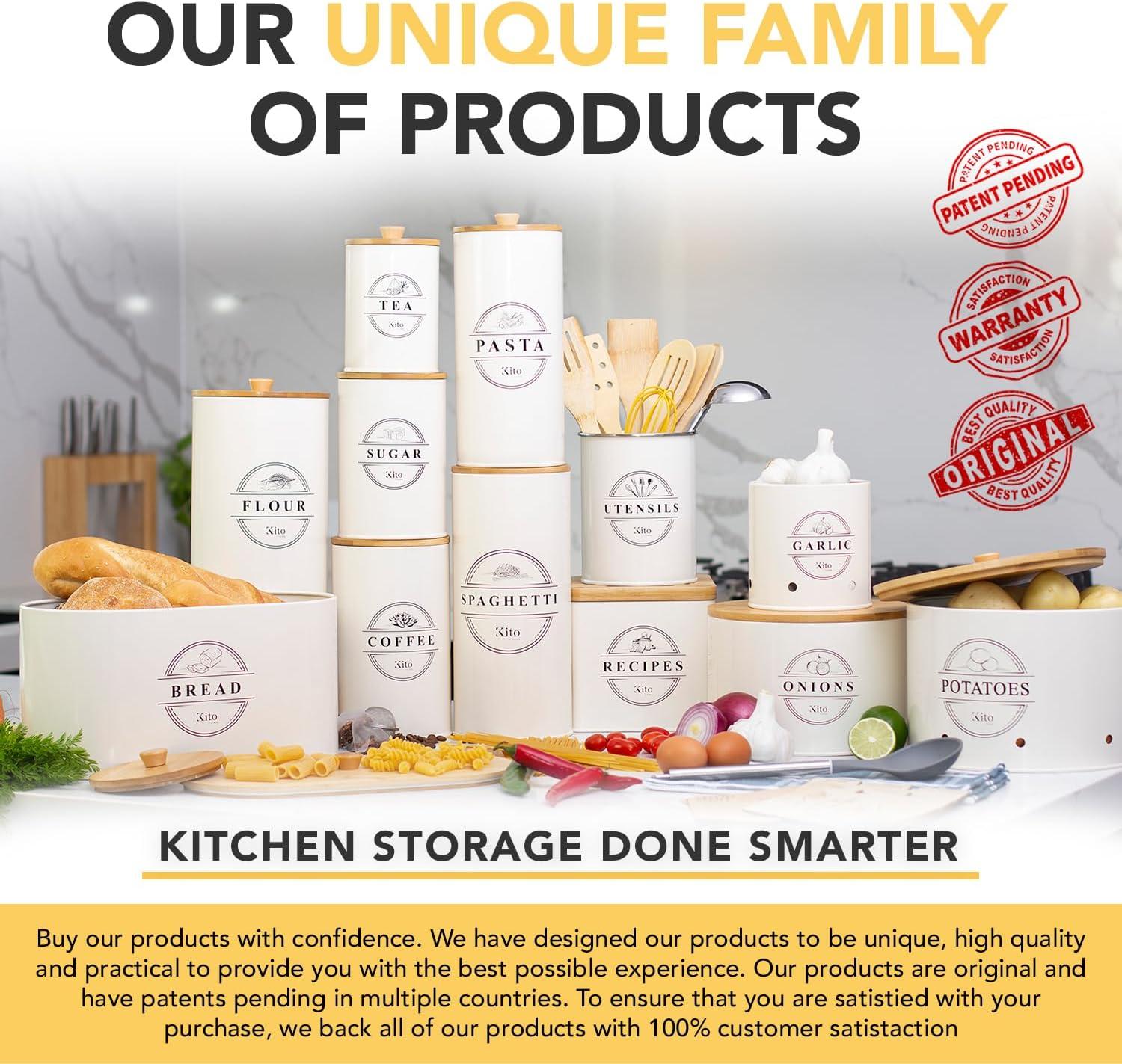 Canisters Sets for Kitchen Counter Storage and Organization with Wooden Bamboo Lids, Food Pantry Containers, Stackable Steel Storage Bins, Potato Storage Onion Keeper Garlic - Cream