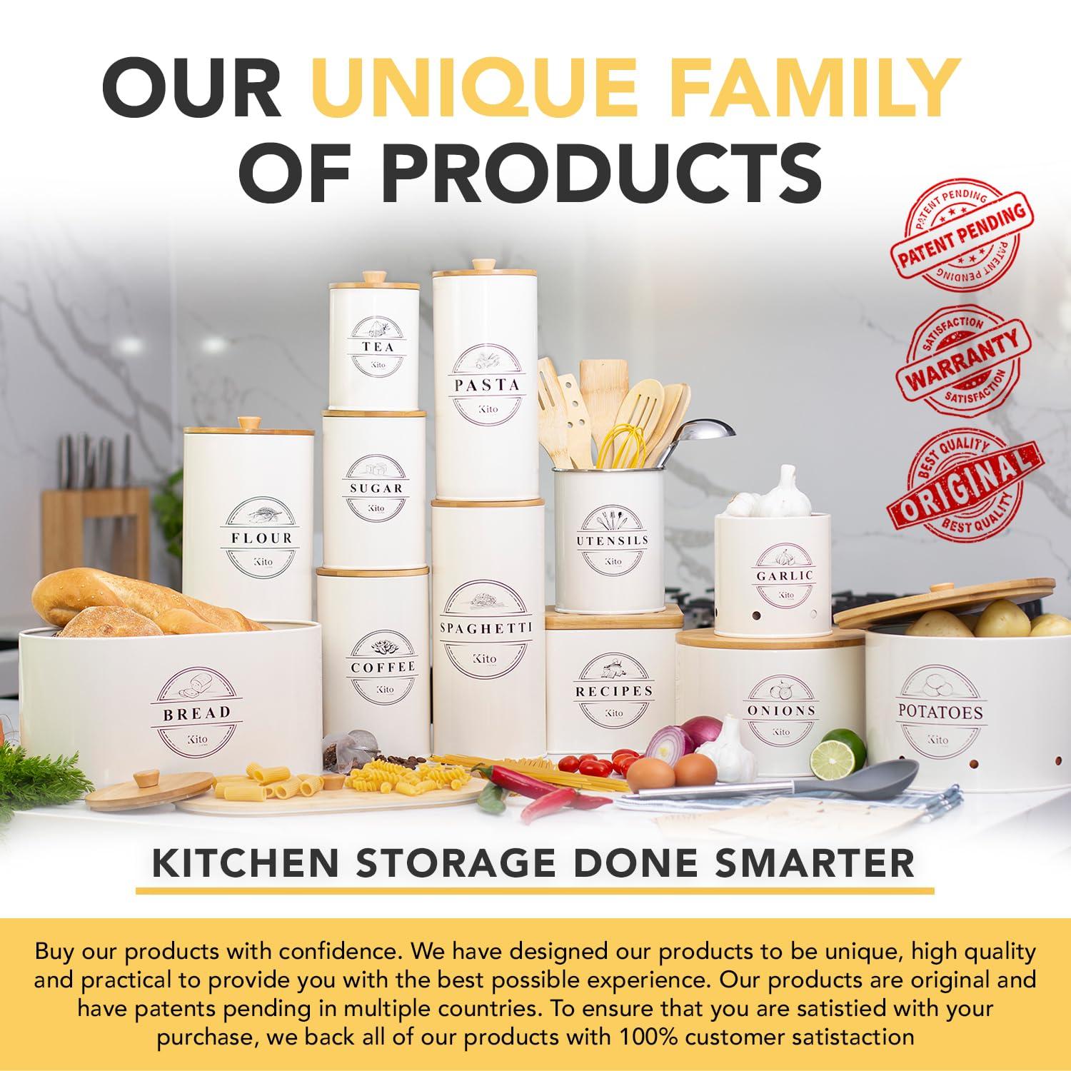 Canisters Sets for Kitchen Counter Storage and Organization with Wooden Bamboo Lids, Food Pantry Containers, Stackable Steel Storage Bins, Potato Storage Onion Keeper Garlic - Cream