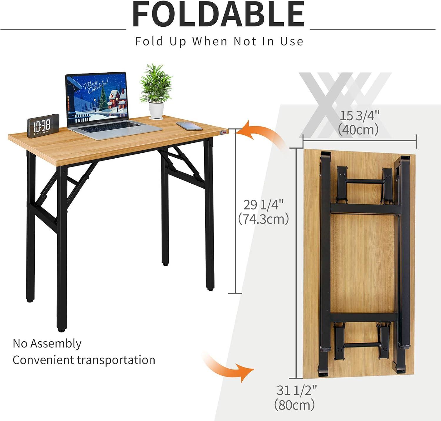 SOGES 31.5 inches Folding Desk No Assembly Sturdy Small Writing Desk for Small Spaces, Teak & Black