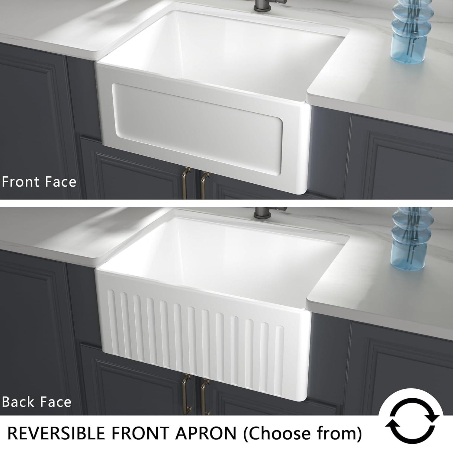 24 Inch Farmhouse Sink , White Farm Sink for Small Kitchen and Laundry, Luxury Fireclay Porcelain Ceramic Apron Sink Single Basin with Bottom Grid and Strainer