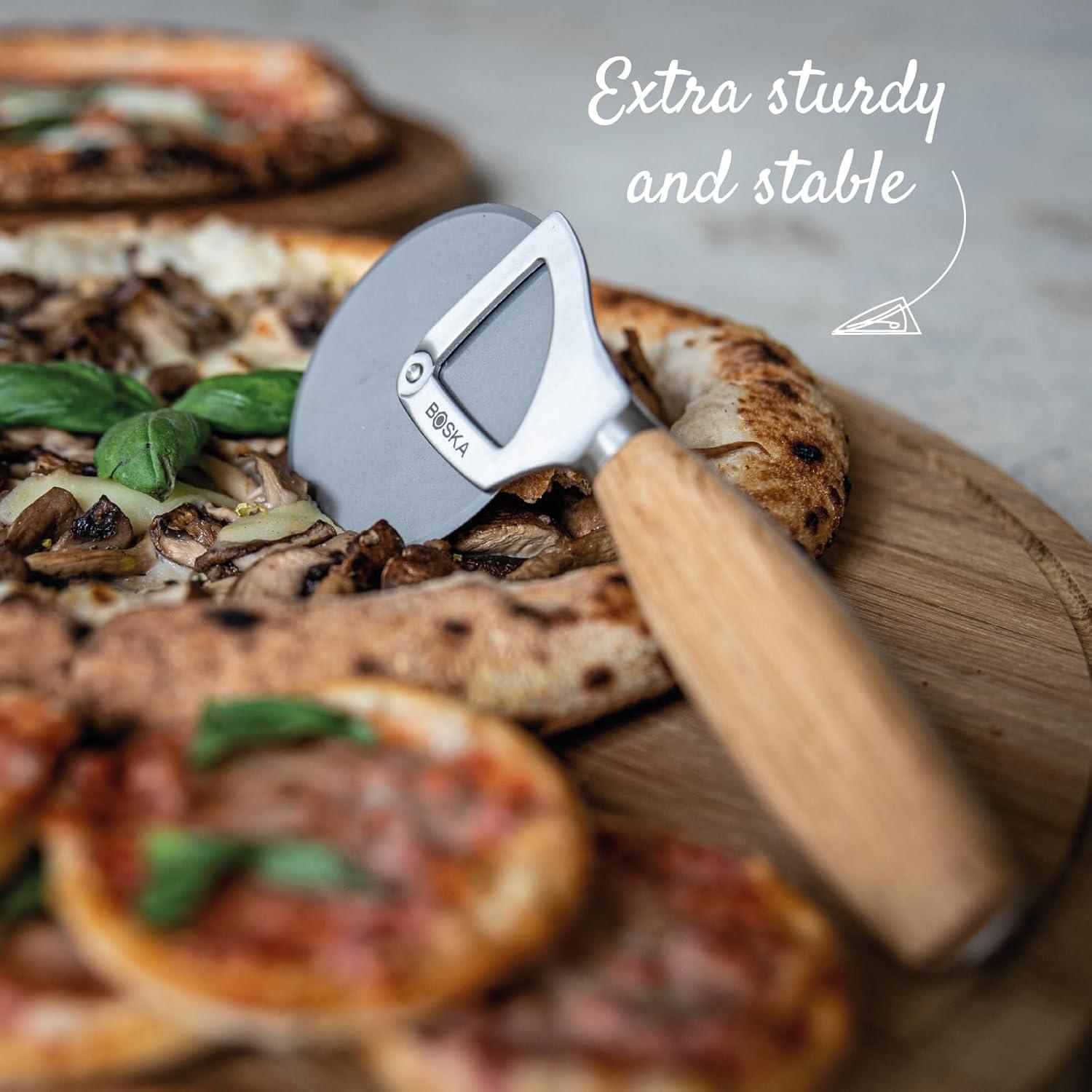 Boska Stainless Steel Pizza Cutter - Oslo Multifunctional Pizza Wheel Cutter - Handheld Food Slicer - Silver Non-Stick Adjustable Roller - Dishwasher Safe - For Kitchen Cooking