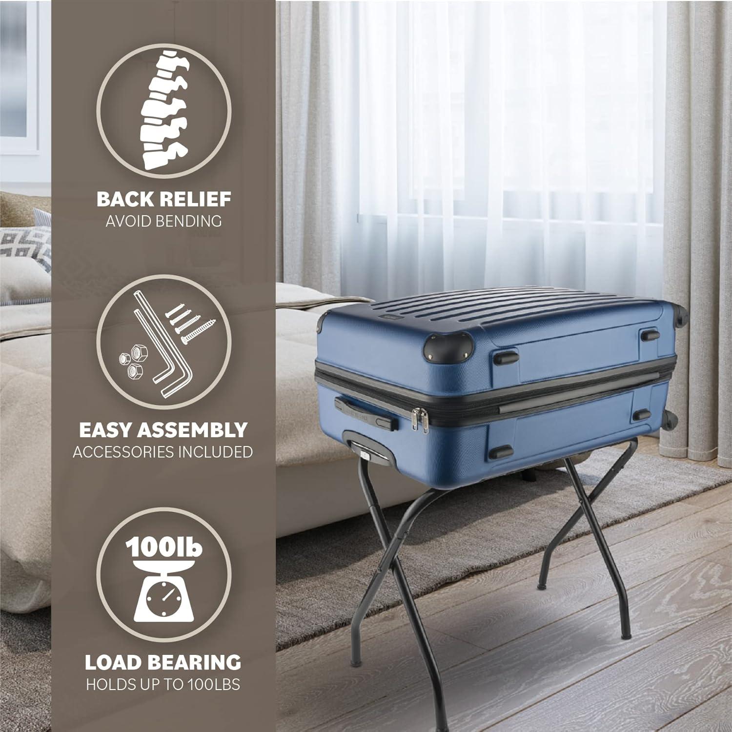 BINO 2-Pack Folding Luggage Rack Collapsible Metal Suitcase Stand With Durable Black Nylon Straps- For Bedroom, Guest Room, Or Hotel (Gray Steel)