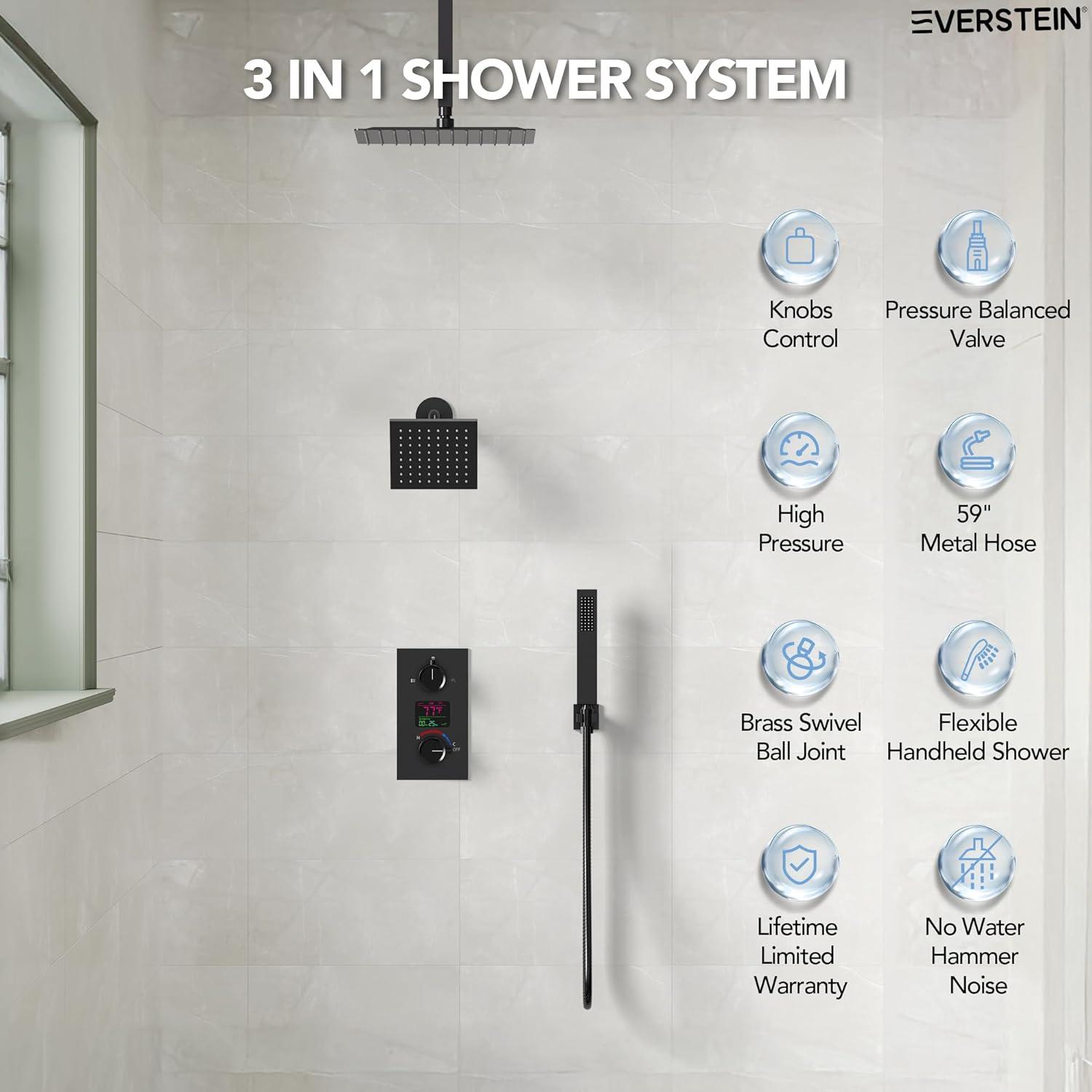 Pressure Balancing Shower Faucet 12" High-Pressure Dual Showerheads with LCD Display