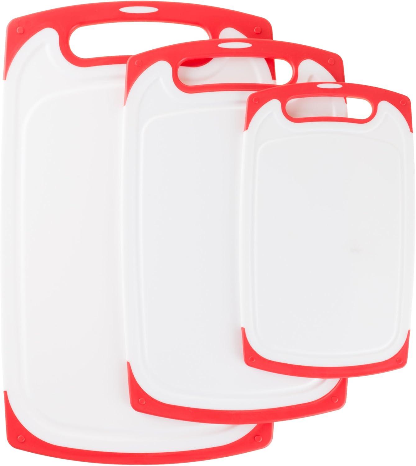 Cutting Boards - 3-Piece Plastic Chopping Board with Juice Groove - Dishwasher Safe Cooking or Food Prep Kitchen Essentials by Classic Cuisine (Red)