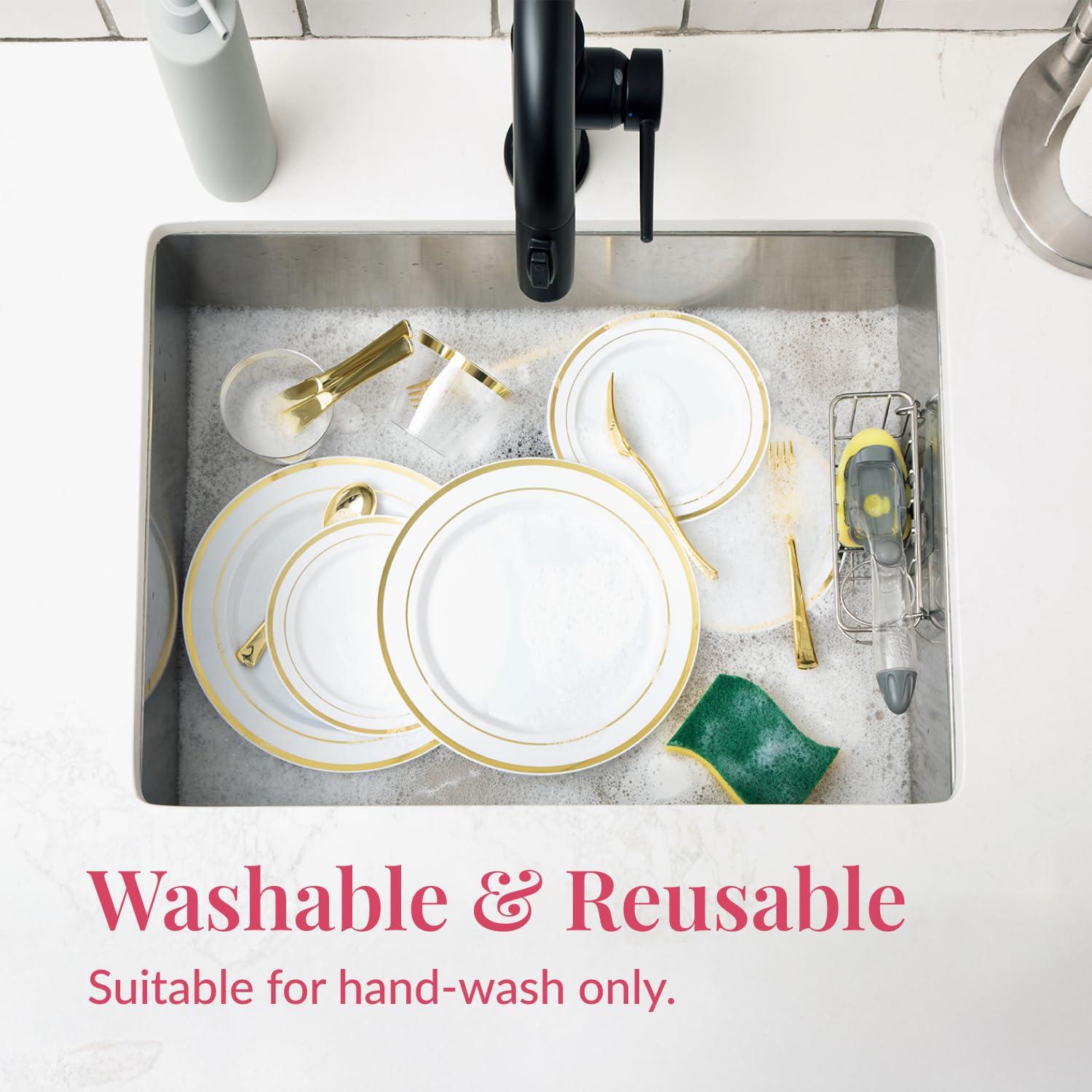 Gold Disposable Dinnerware Set for 100 Guests - 600PC BPA-Free Plastic Plates & Cutlery Kit with 100 Dinner Plates, Salad Plates, Forks, Knives, Spoons & Cups for Wedding, Party, Catering (Heavy-Duty)