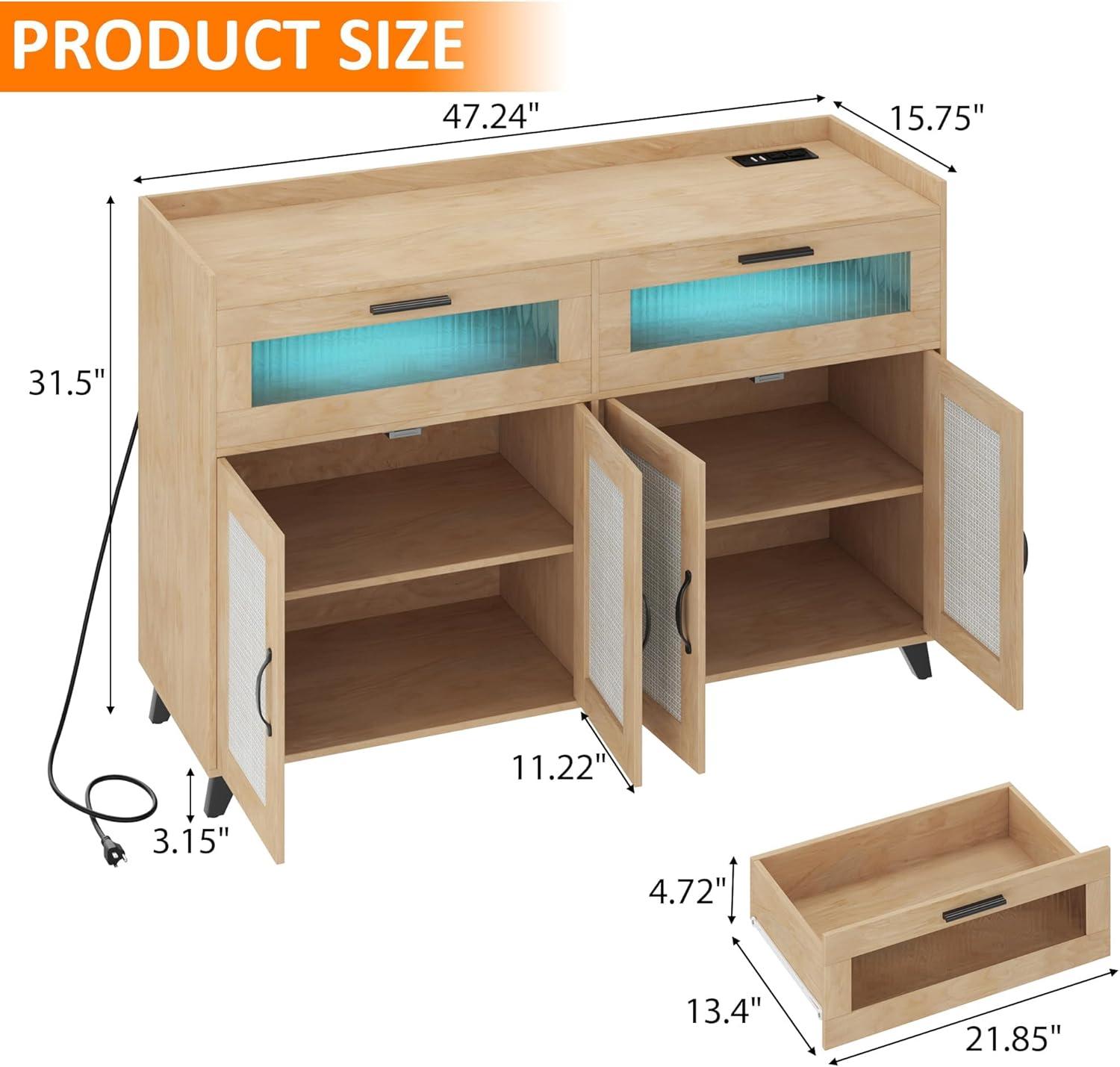 Garvee Sideboard Buffet Cabinet with Power Outlet & LED Light - Kitchen Storage Cabinet with 2 Fluted Acrylic Drawers & 4 Rattan Doors, Pink