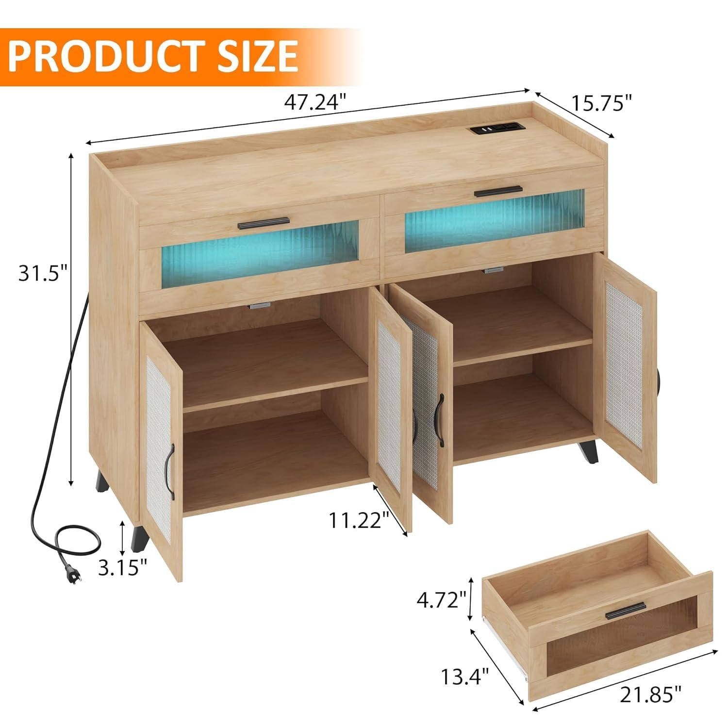 Garvee Sideboard Buffet Cabinet with Power Outlet & LED Light - Kitchen Storage Cabinet with 2 Fluted Acrylic Drawers & 4 Rattan Doors, Pink
