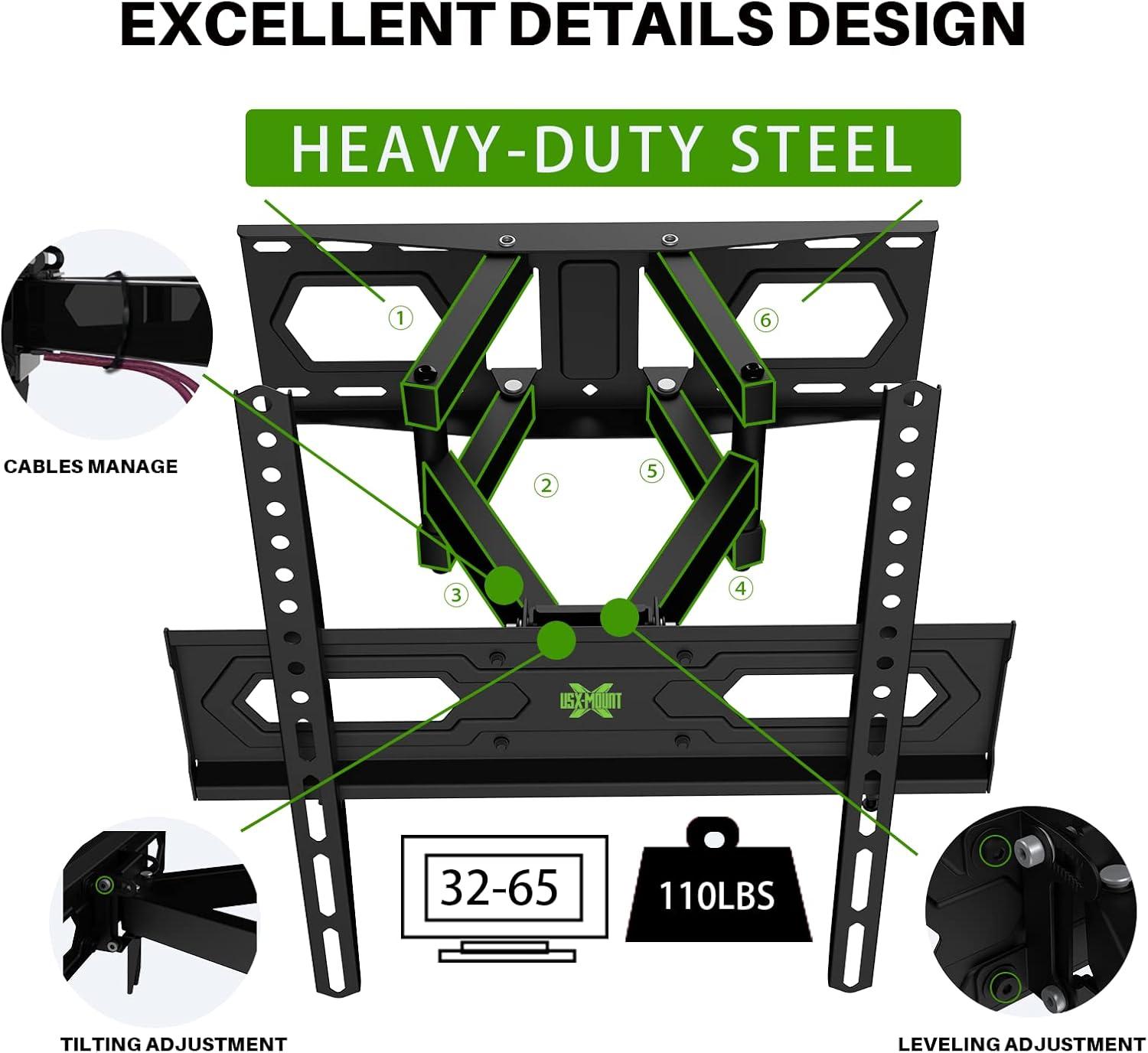USX MOUNT TV Wall Mount for 32-65 inch Flat Screen/LED/4K up to 110lbs, Full Motion TV Mount Bracket with Swivel & Tilt Articulating Dual Arms, Max VESA 400x400mm, Fits 12/16" Wood Studs