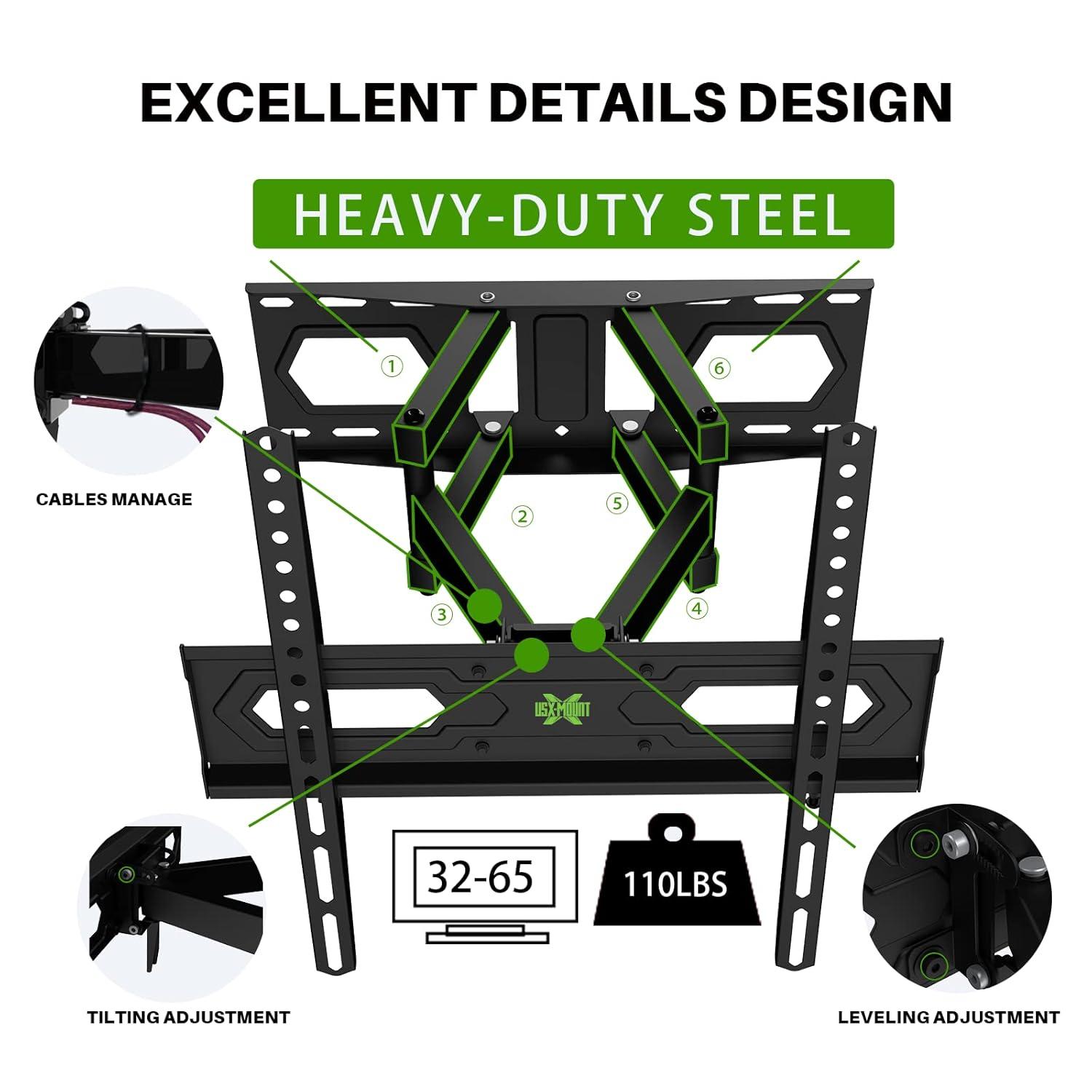 USX MOUNT TV Wall Mount for 32-65 inch Flat Screen/LED/4K up to 110lbs, Full Motion TV Mount Bracket with Swivel & Tilt Articulating Dual Arms, Max VESA 400x400mm, Fits 12/16" Wood Studs