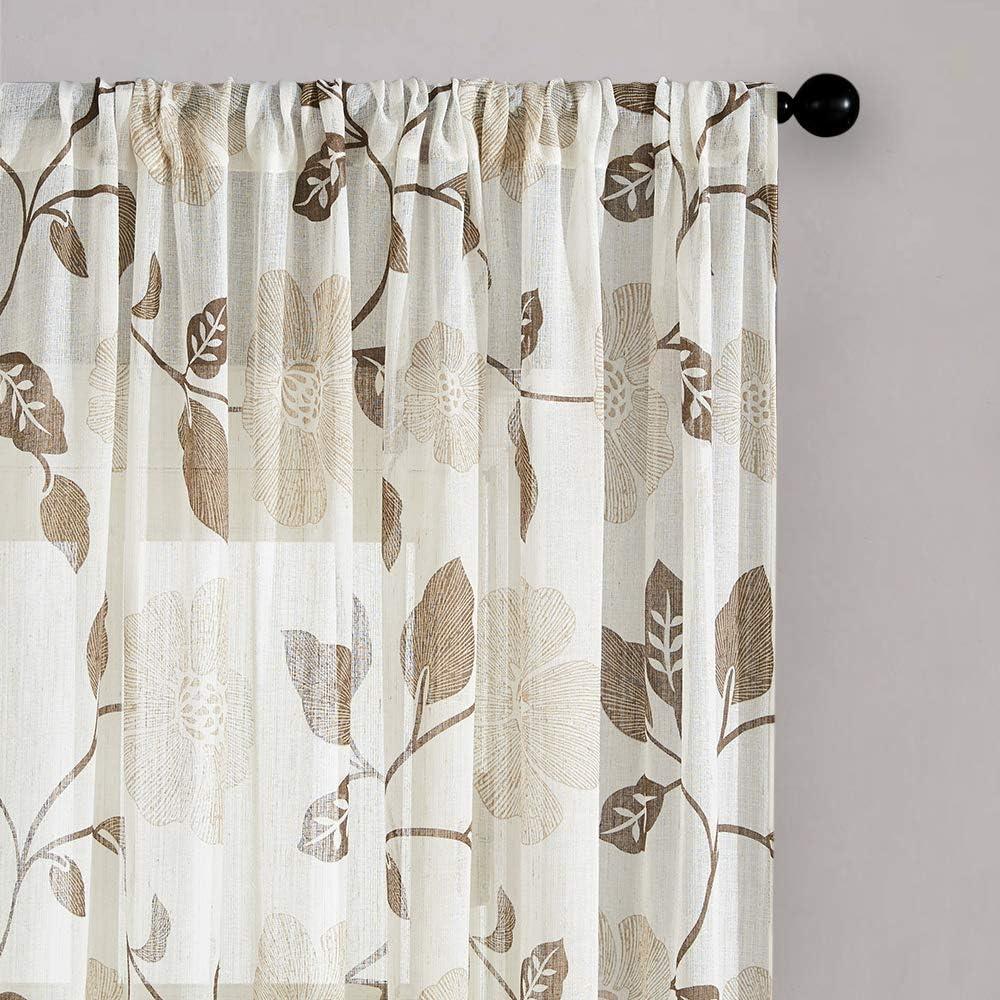 MRTREES Sheer Curtain Panels, Voile Sheer Curtains Drapes Rod Pocket, Flower Printed Embroidery Window Curtain Treatments for Bedroom Living Room Bathroom Window(2 Panels, 54x45 Inches, Brown)