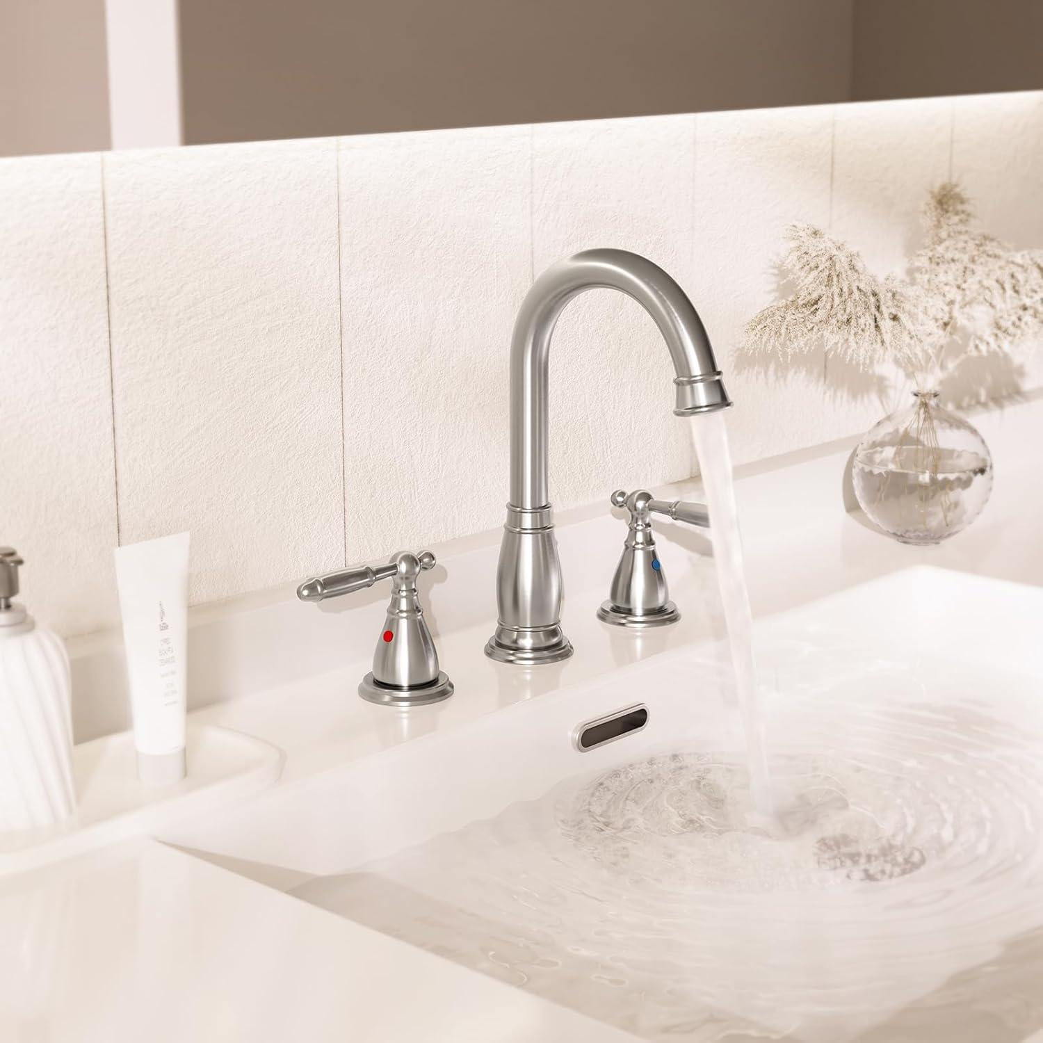 Phiestina 3-Hole 8 inch 2-Handle Brushed Nickel Widespread Bathroom Faucets with Valve and Metal Pop-Up Drain Assembly, WF017-4-BN