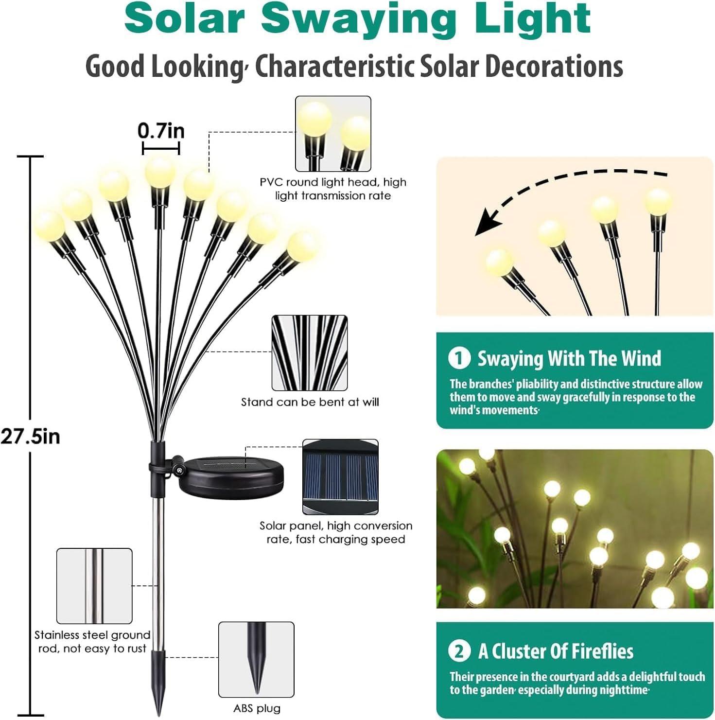 4 Pack Firefly Garden Lights Solar Outdoor: Solar Firefly Lights Outdoor Waterproof, 32 LED Solar Powered Firefly Lights, Swaying by Wind, Solar Lights for Outside Garden Decoration (Warm White)