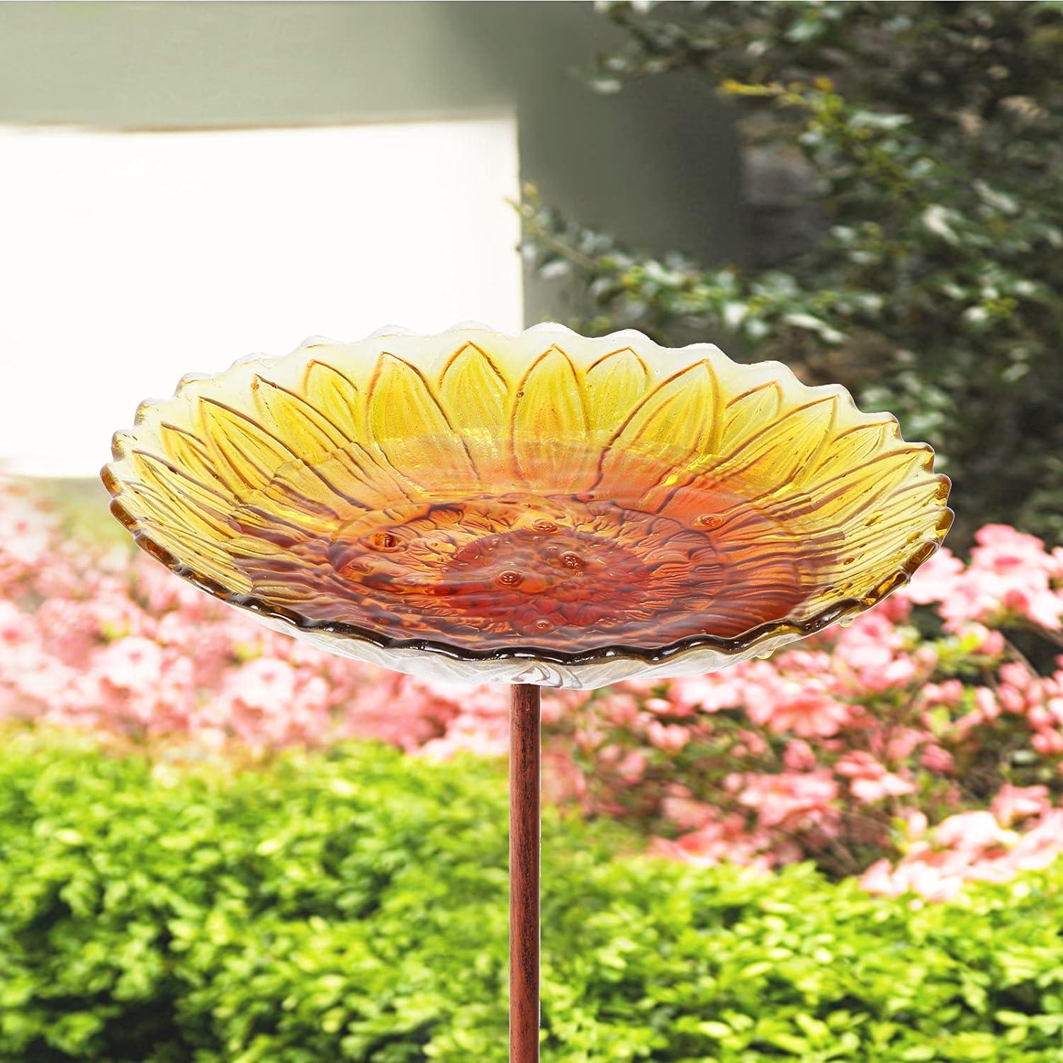 Yellow Sunflower Glass Bird Bath with Metal Stake