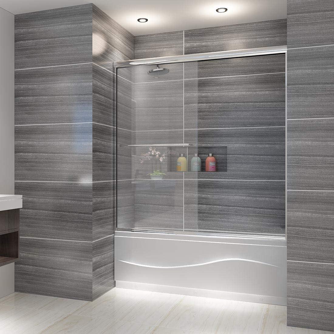 Elegant  60 x 62 Semi-Frameless Double Sliding Shower Tub Door Chrome Finish Chrome Finish