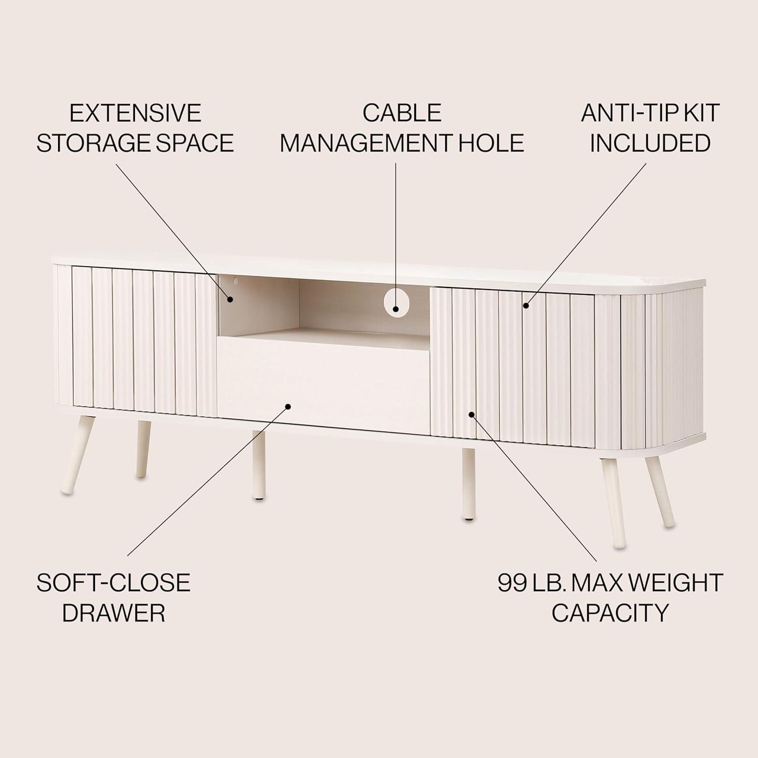 JONATHAN Y Damien 70 in. Farmhouse Curved TV Stand with Drawer and Storage Doors Fits TVs up to 75 in. with Cable Management, Off-White