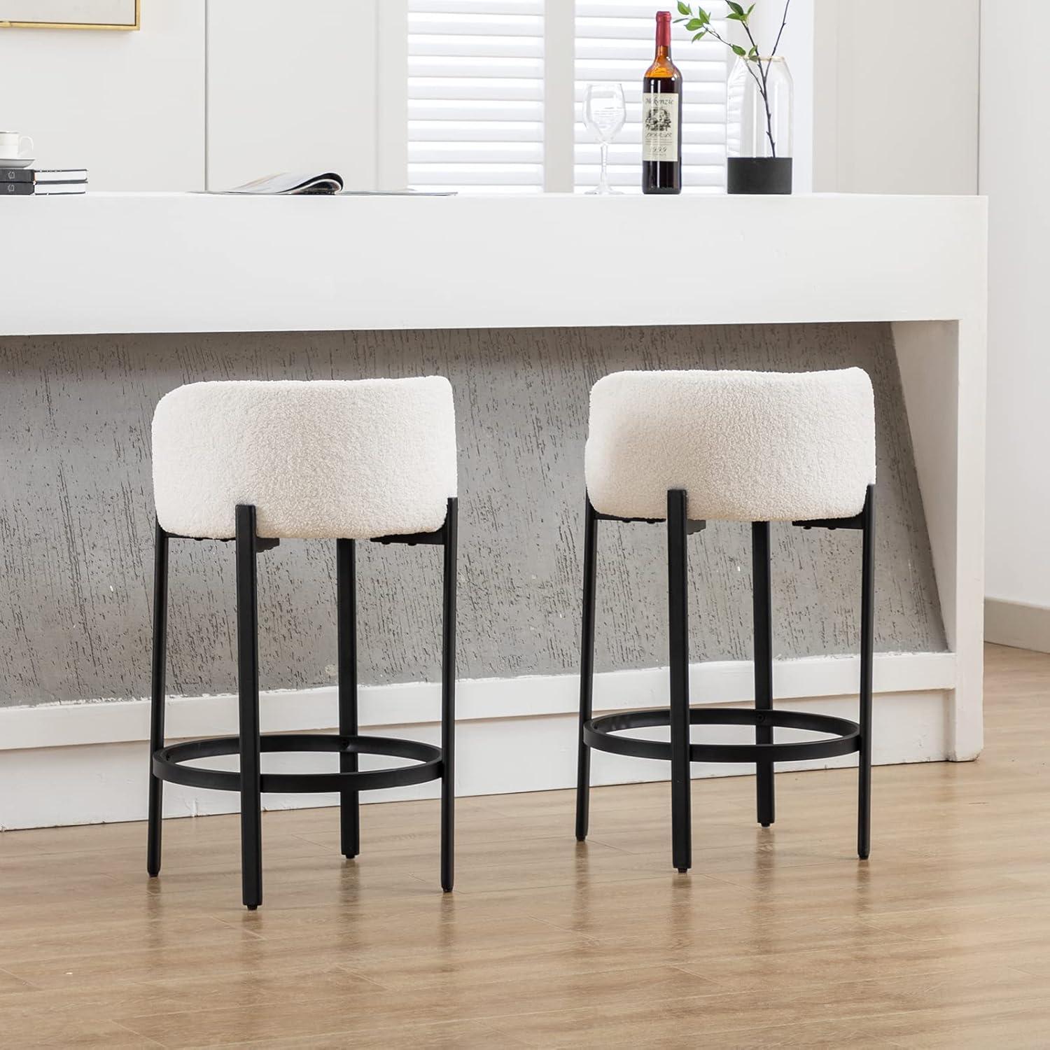 Modern Bar stools Set of 2, 26 Inch Sherpa Fabric Counter Height Barstools with Low Back, Upholstered Round Shape Kitchen Island Stools with Black Metal Legs for Dining Room Bar, White