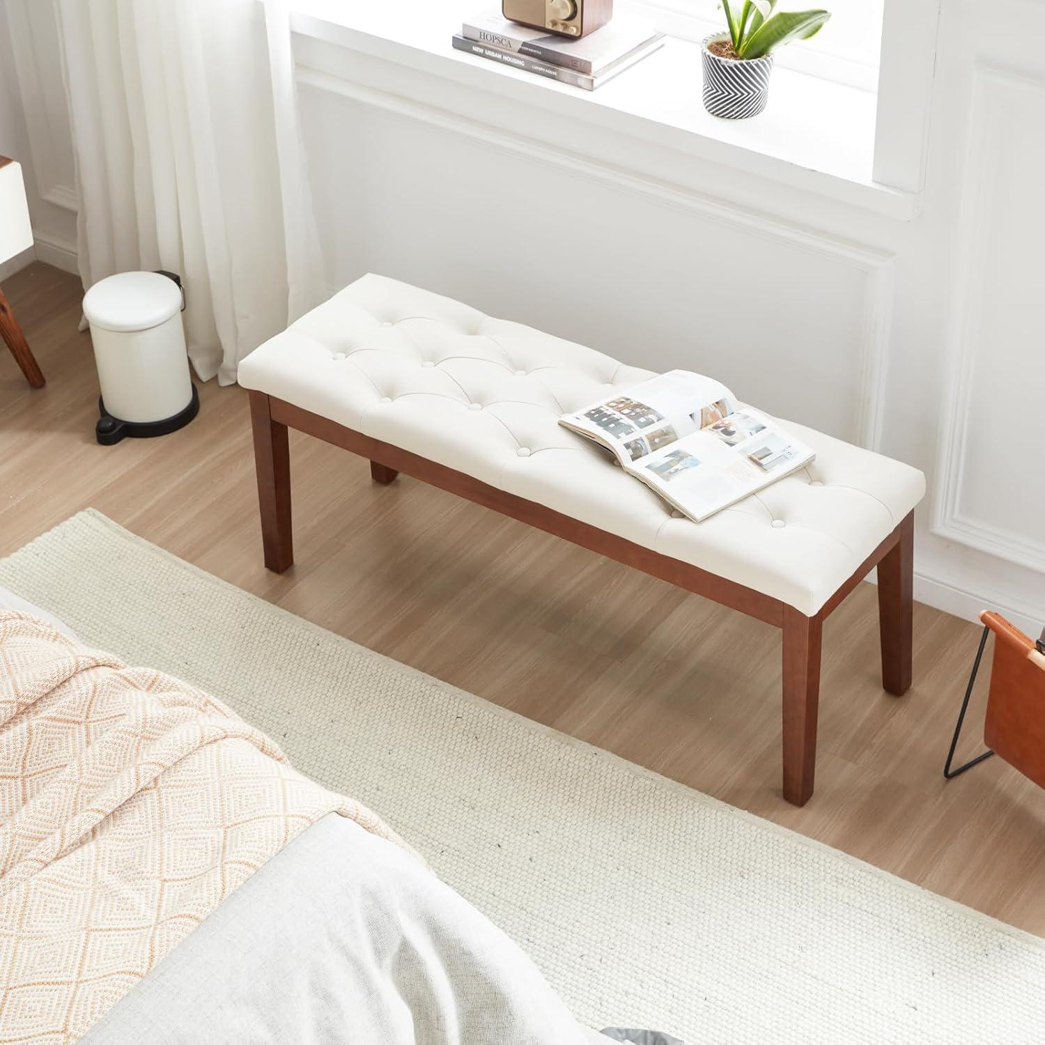 Cream Linen Upholstered Oak Entryway Bench with Brown Wood Legs