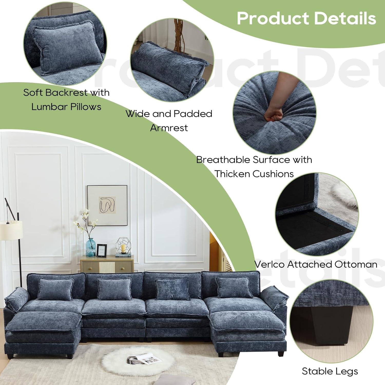Carbaugh 154" Oversized U Shaped Sectional Sofa, Comfy Cloud Couch Deep Sectional Sofa with Ottomans for Living Room