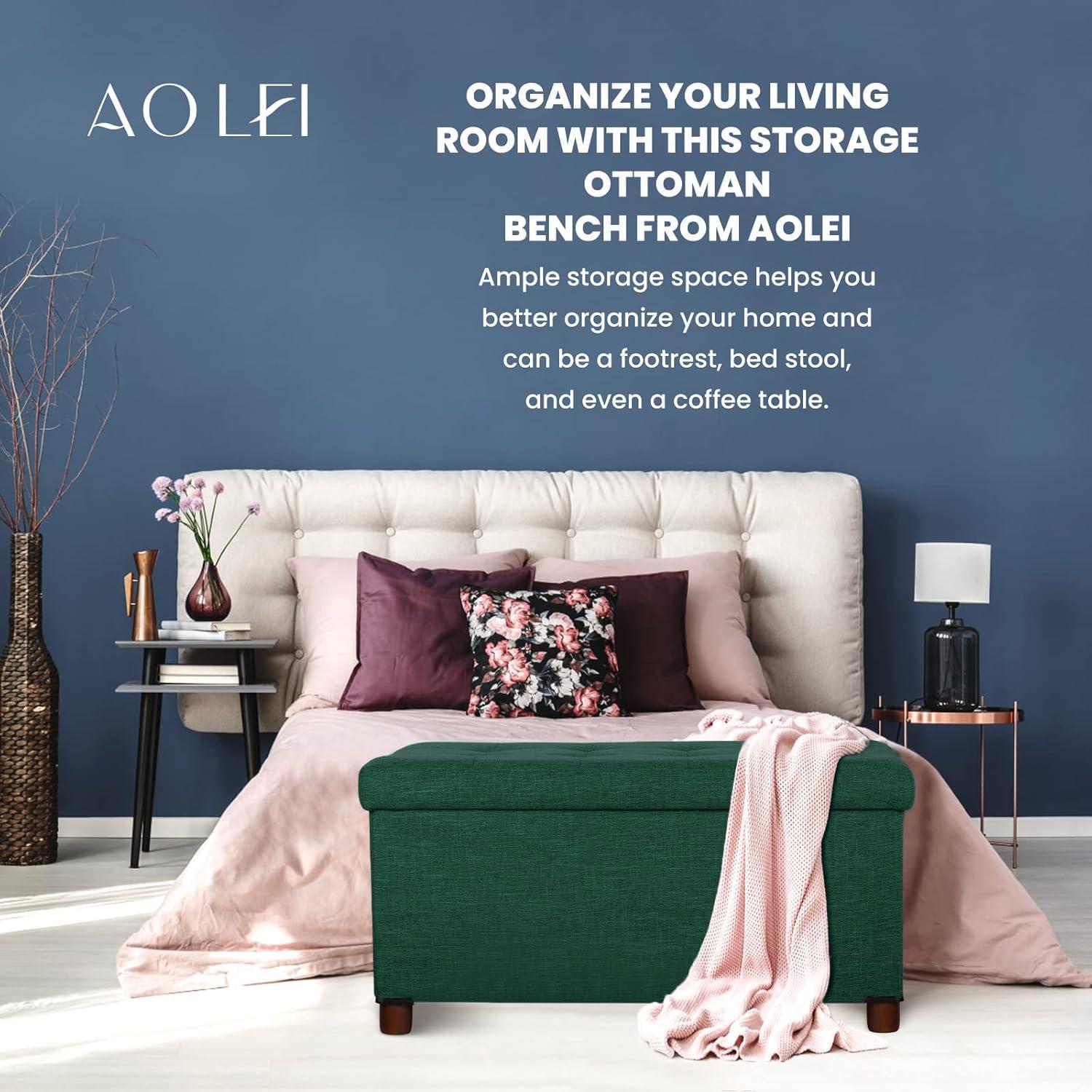 30 Inches Storage Ottoman Bench, Storage Bench with Wooden Legs for Living Room Ottoman Foot Rest Removeable Lid for Bedroom End of Bed, Linen Fabric Green Color