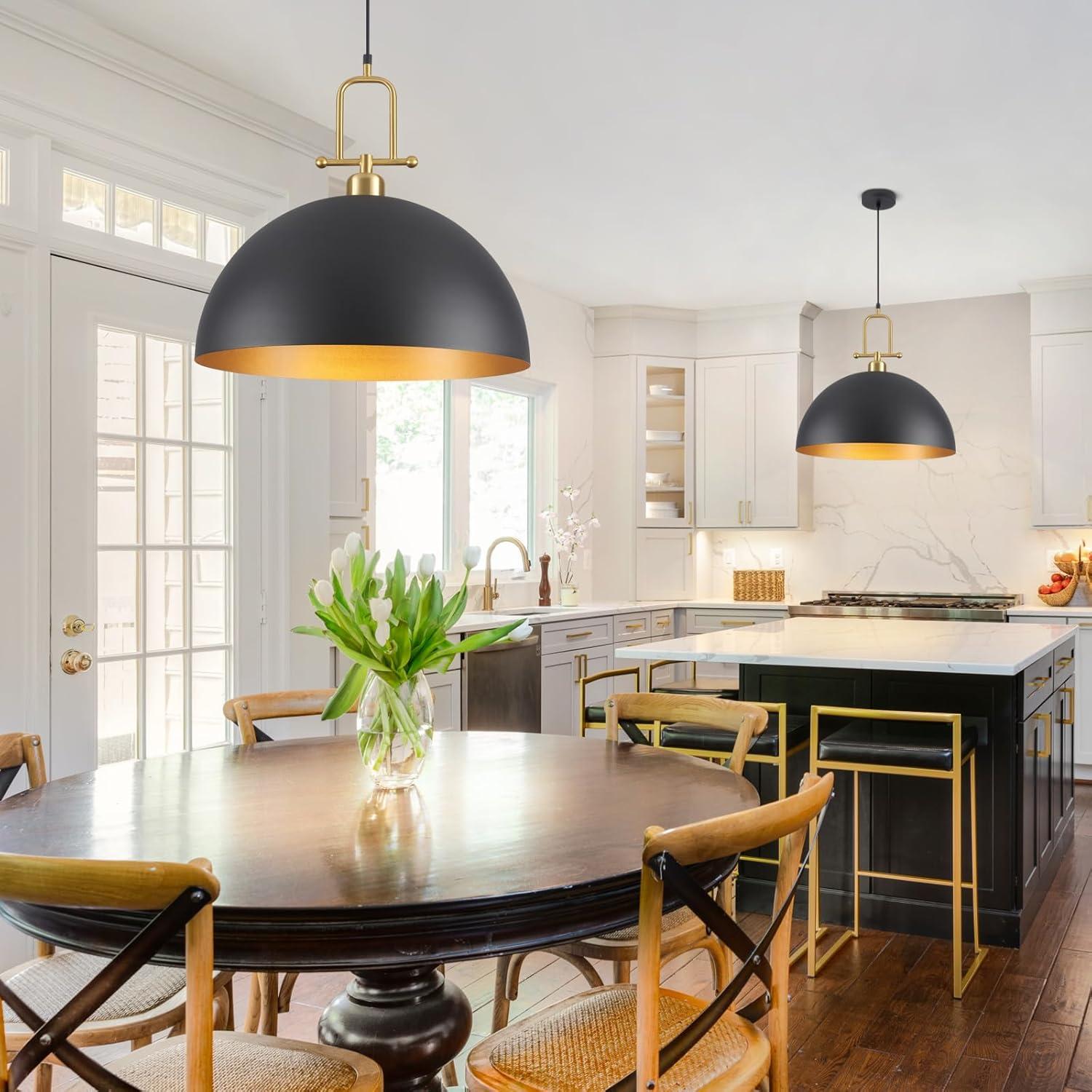 Everly Quinn 17.7" Farmhouse Vintage Black And Gold Pendant Light - Dome Chandelier For Kitchen Island, Dining Room, Hallway