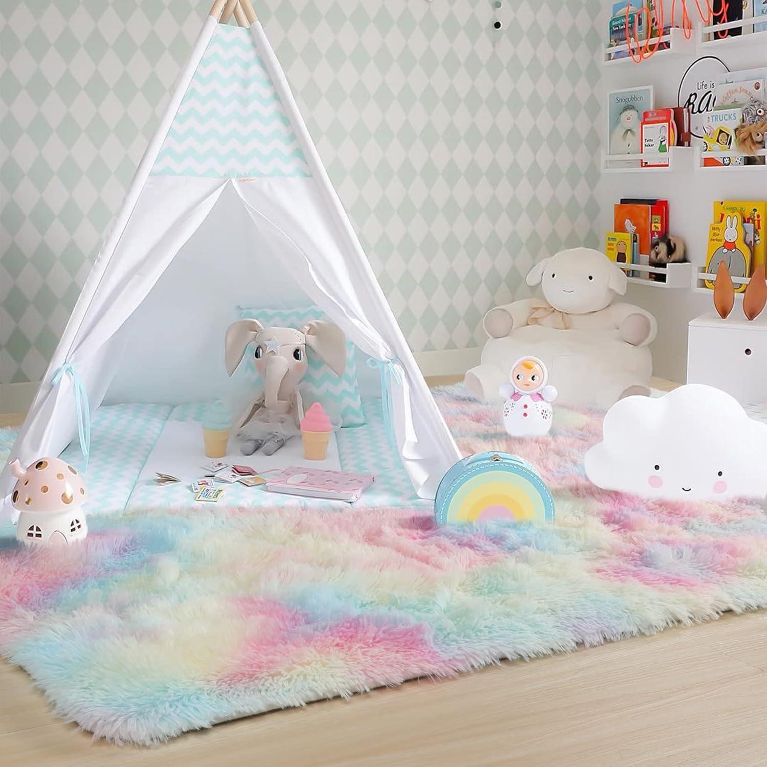 Amdrebio Rainbow Unicorn Colorful Kids Rugs for Girls Bedroom, 8x10 Fluffy Shag Area Rugs for Playroom Classroom, Large Pastel Room Decor Aesthetic, Cute Fuzzy Kawaii Princess Carpet for Baby Toddler