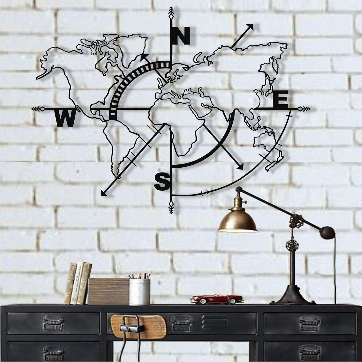 Geometric World Map Metal Wall Art for Home and Outside - Wall-Mounted Geometric Metal Wall Art - Drop Shadow 3D Effect Wall Decoration for Living Room Bedroom