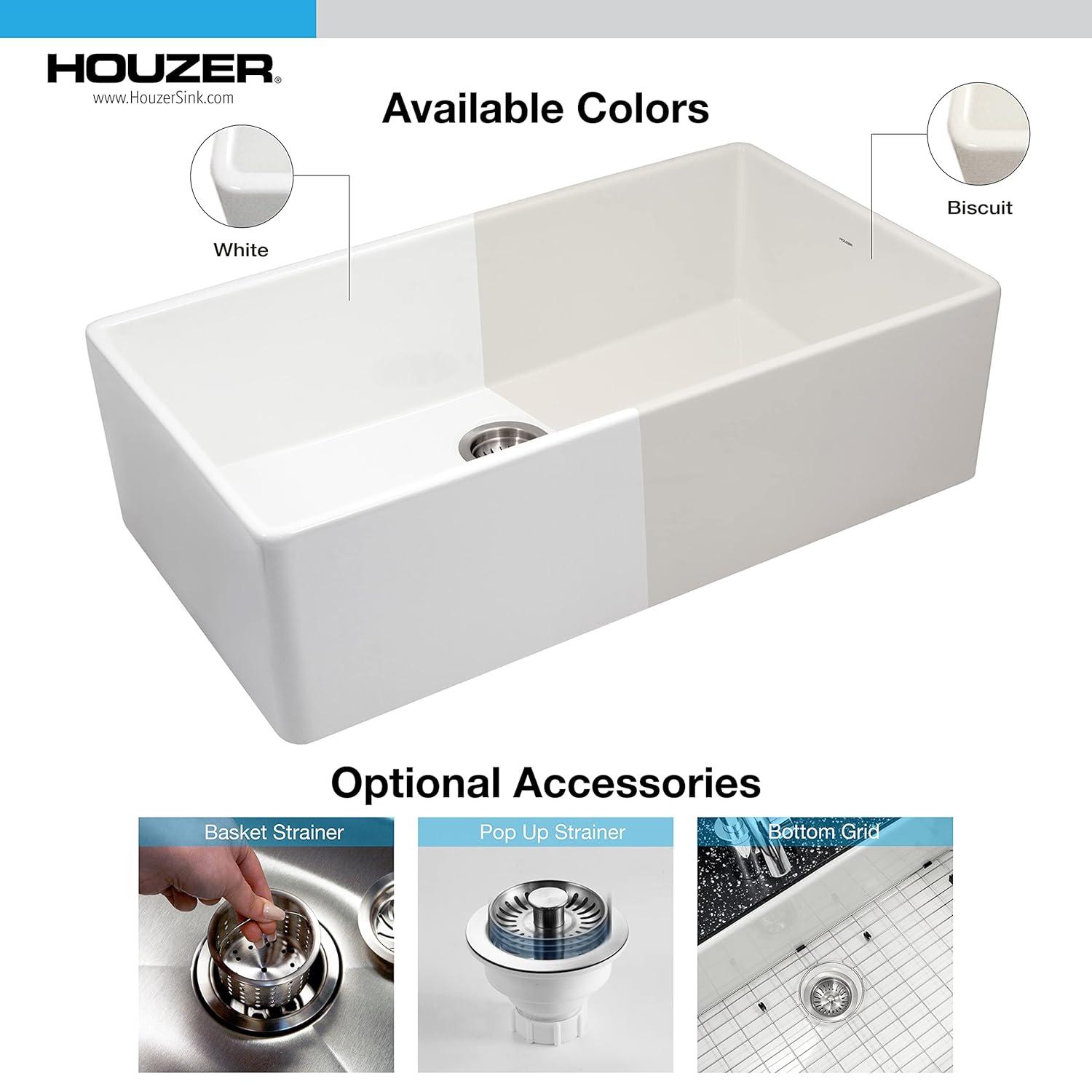 Houzer PTG-3600 WH Platus Houzer Farmhouse Apron Front/Undermount 36 inch Fireclay Single Bowl Kitchen Sink