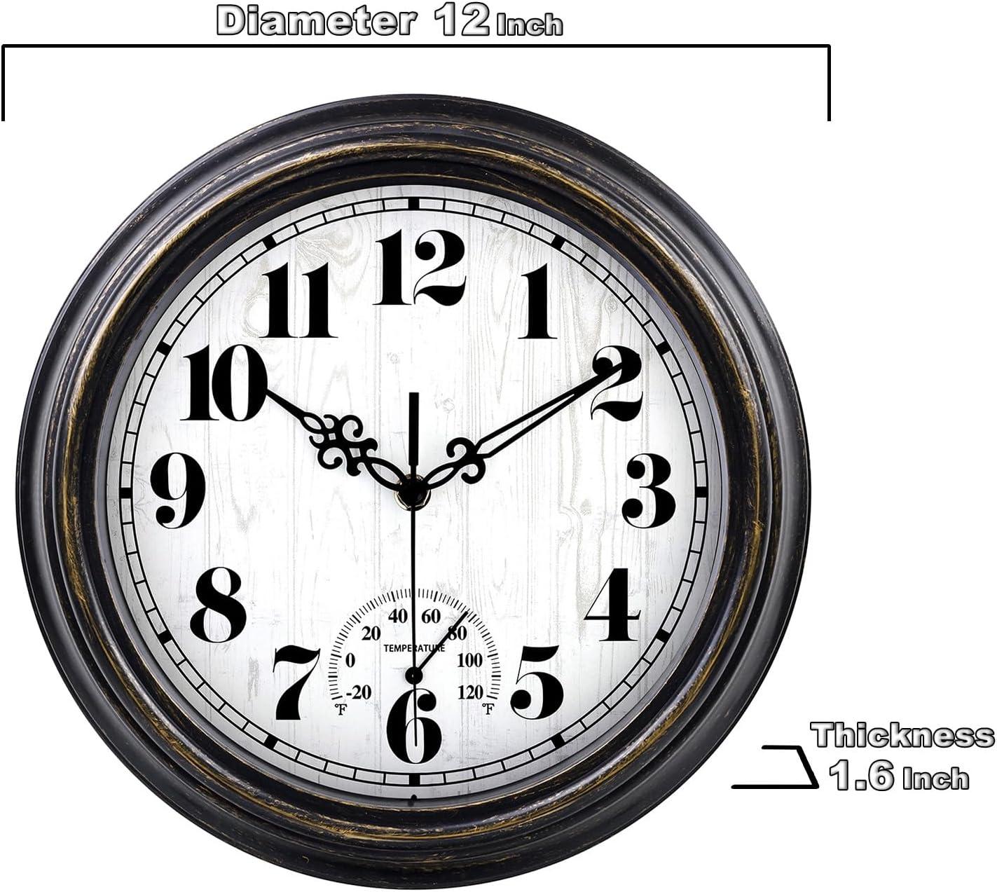 12 Inch Retro Silent Wall Clock,Indoor and Outdoor,Waterproof,Thermometer,Black