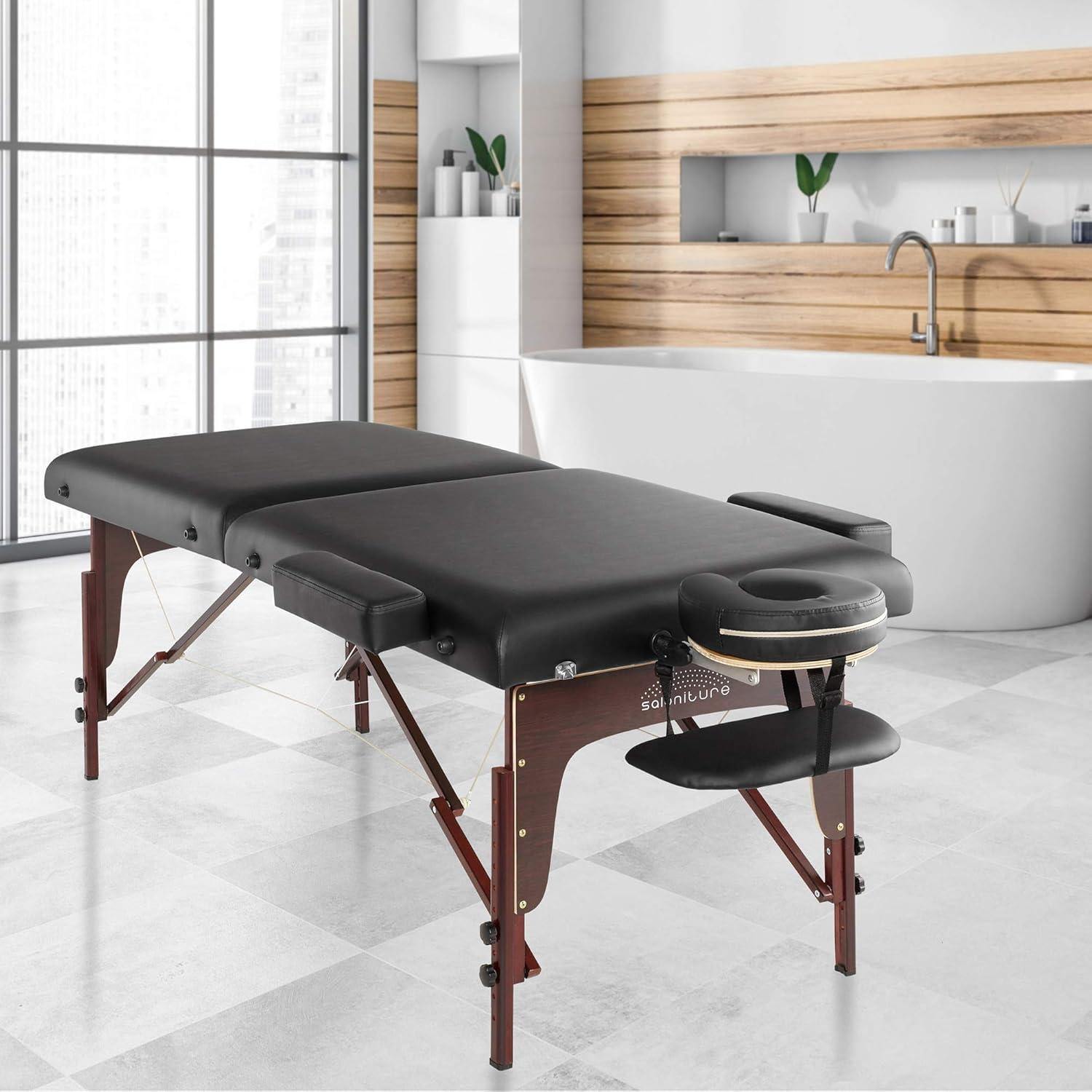 Saloniture Professional Portable Lightweight Bi-Fold Massage Table with Reiki Panels - Black
