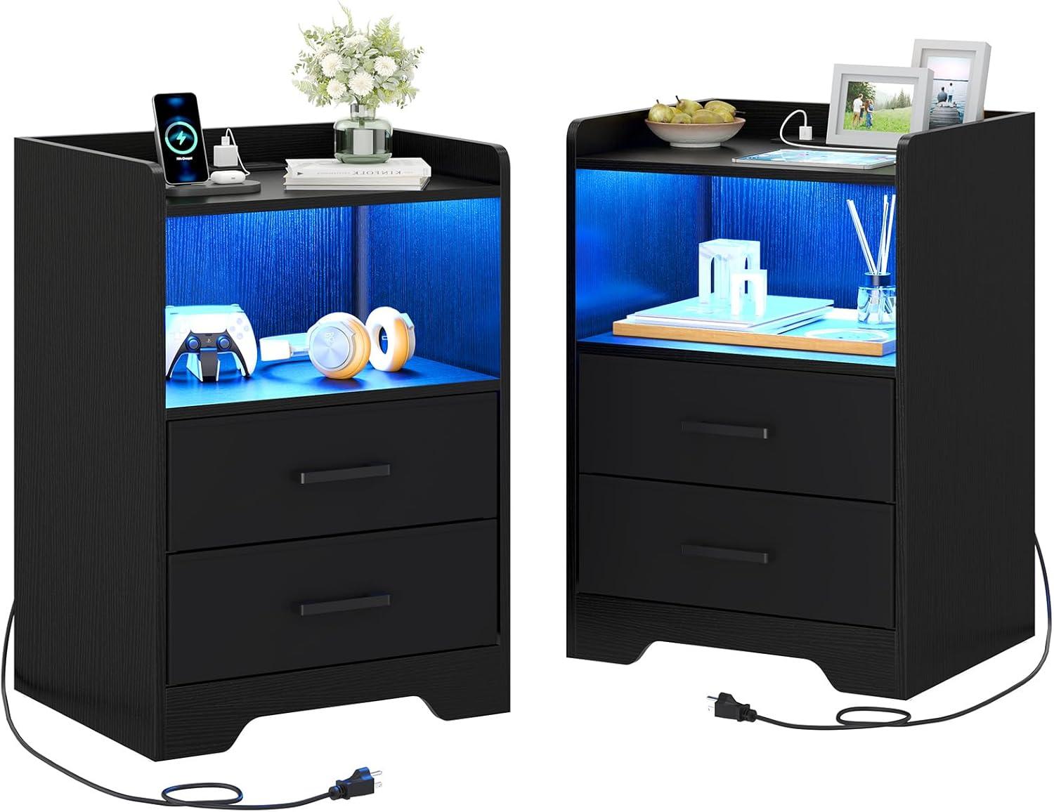 Black Nightstand Set of 2 with Outlets&USB Ports&LED Lights Modern Bedside Table Storage Cabinet with 2 Fabric Drawers for Bedroom