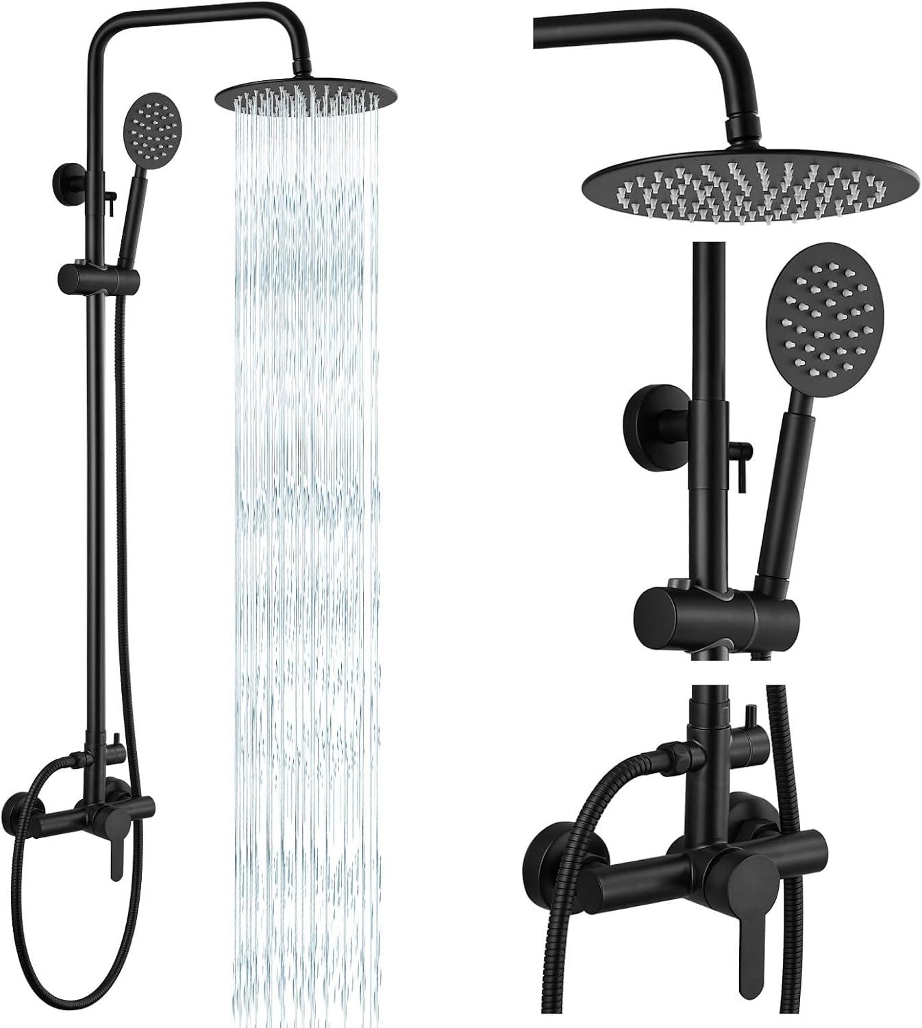 gotonovo SUS304 Outdoor Shower Fixture High Pressure Shower System Wall Mount 2 Dual Function Single Handle Shower Kit with 8 Inch Shower Head and Handheld Spray Shower Faucet Combo, Matte Black