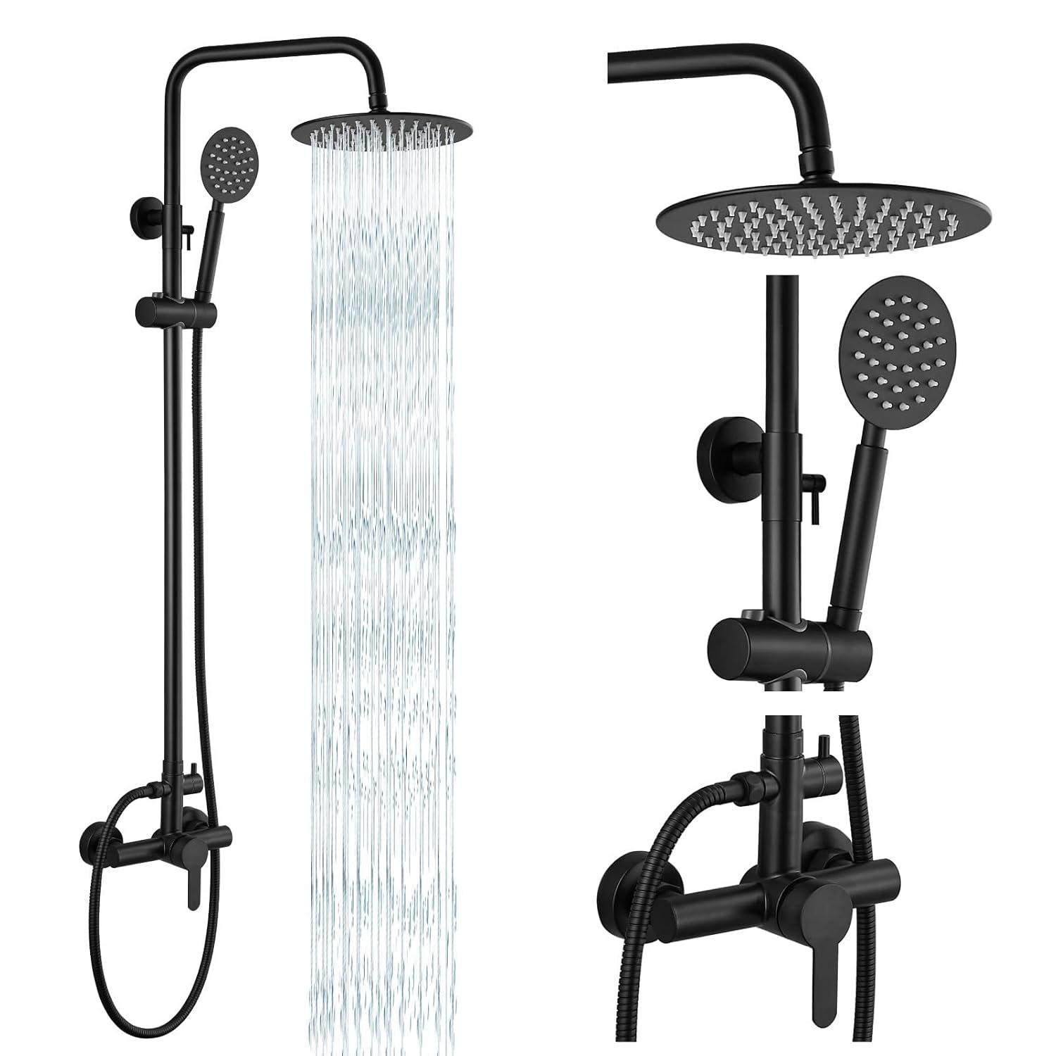 gotonovo SUS304 Outdoor Shower Fixture High Pressure Shower System Wall Mount 2 Dual Function Single Handle Shower Kit with 8 Inch Shower Head and Handheld Spray Shower Faucet Combo, Matte Black