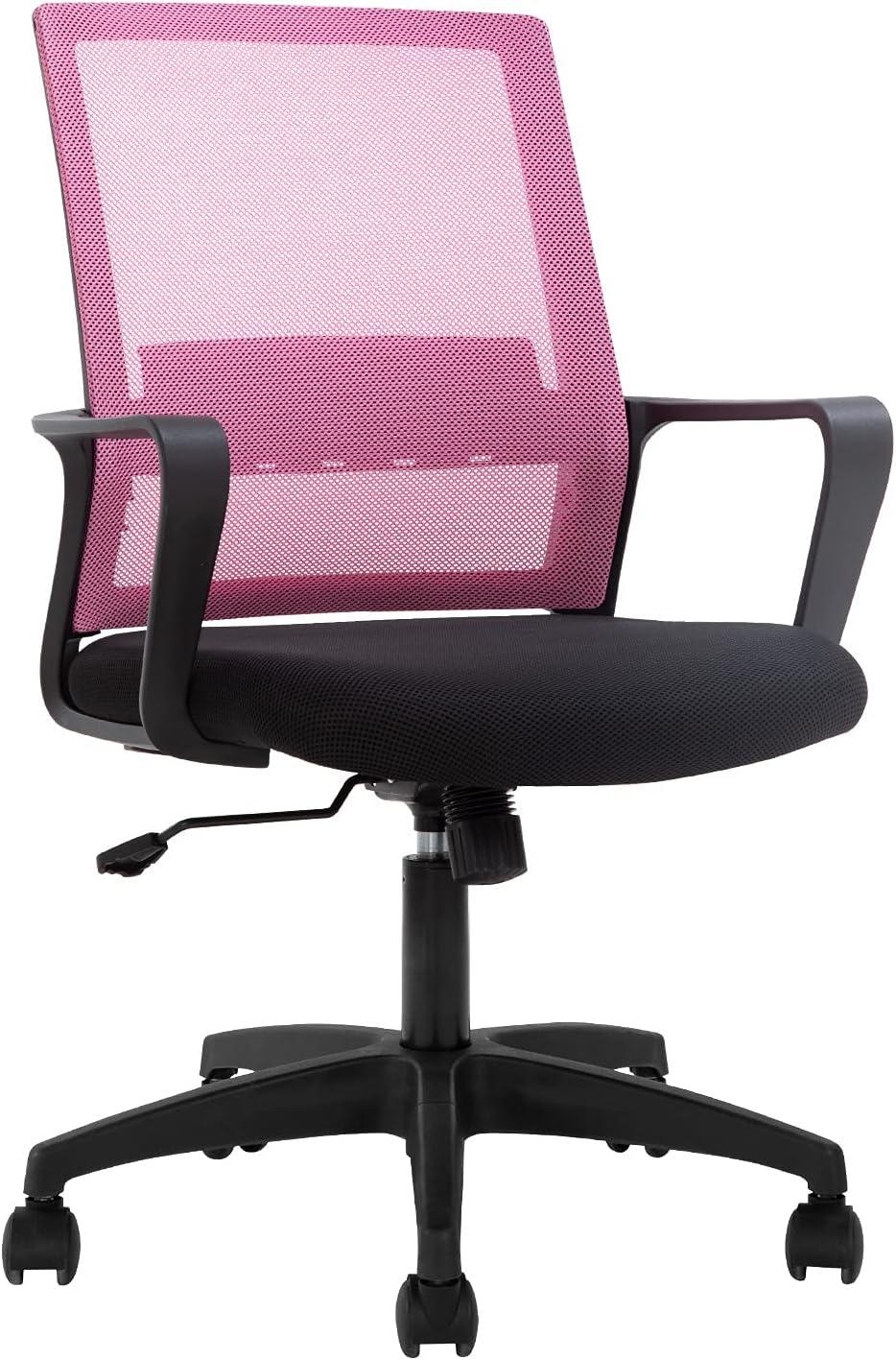 FDW Home Office Chair Mid-Back Mesh Computer Chair Lumbar Support Comfortable Executive Adjustable Chair with Armrests,Pink