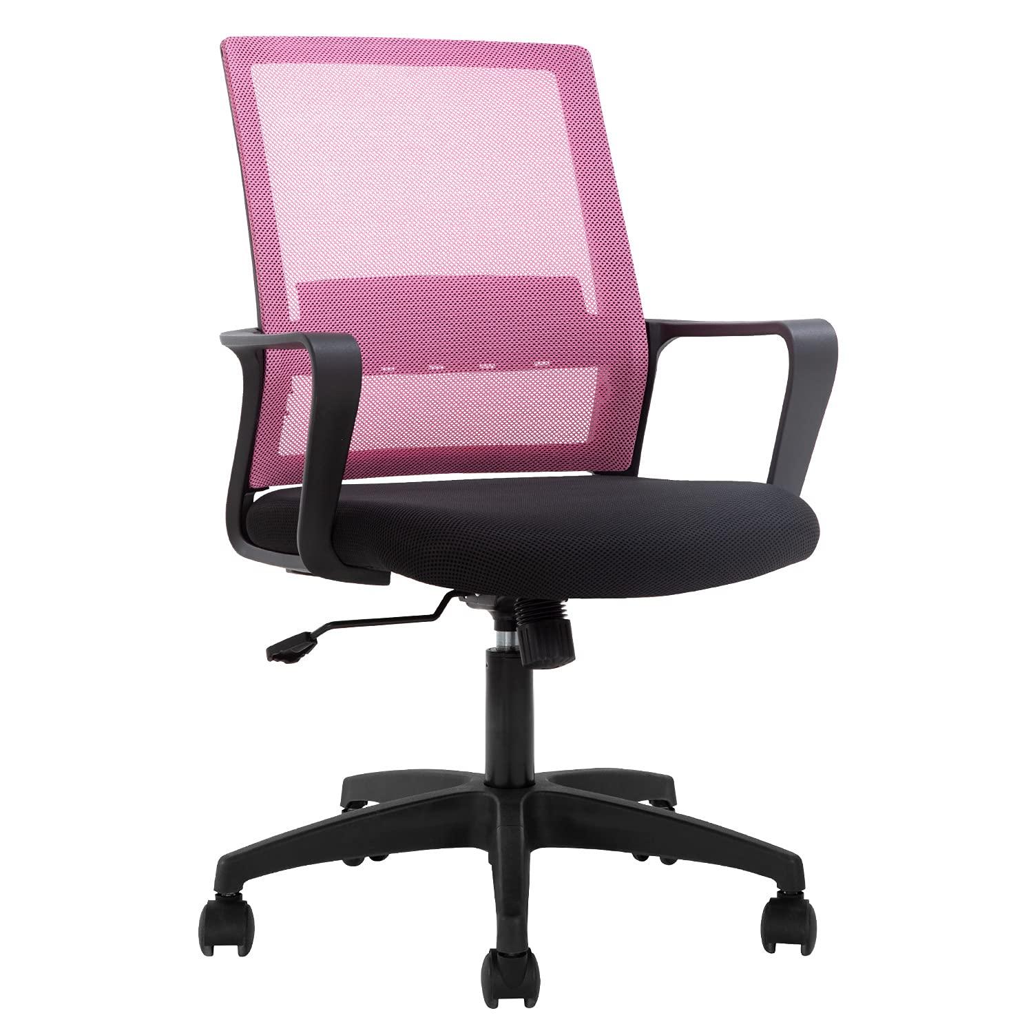 FDW Home Office Chair Mid-Back Mesh Computer Chair Lumbar Support Comfortable Executive Adjustable Chair with Armrests,Pink
