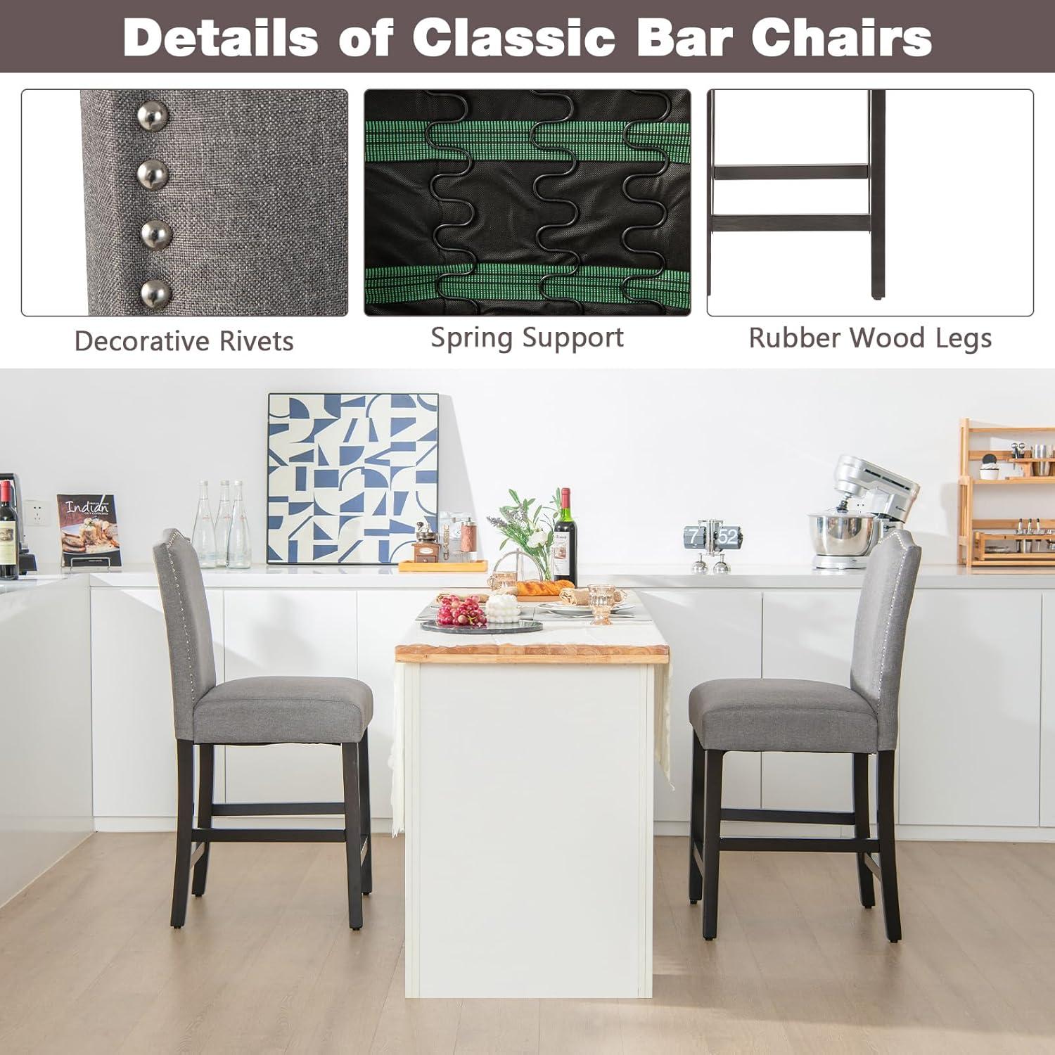 Costway Set of 2 Upholstered Bar stools 25''  Counter  Height Chairs with Rubber Wood Legs Grey