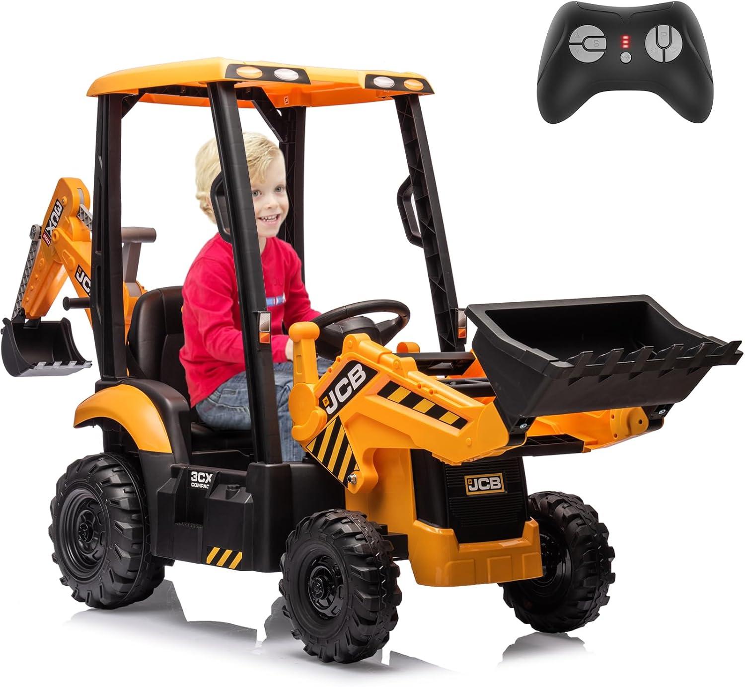 EastVita 12V Ride on Toys Tractor, Kids Ride on Car Toy Excavator Bulldozer, 12V Digger w/Trailer, Shovel Bucket, Digger, Remote Control, EVA Tires, LED Lights, Music, USB