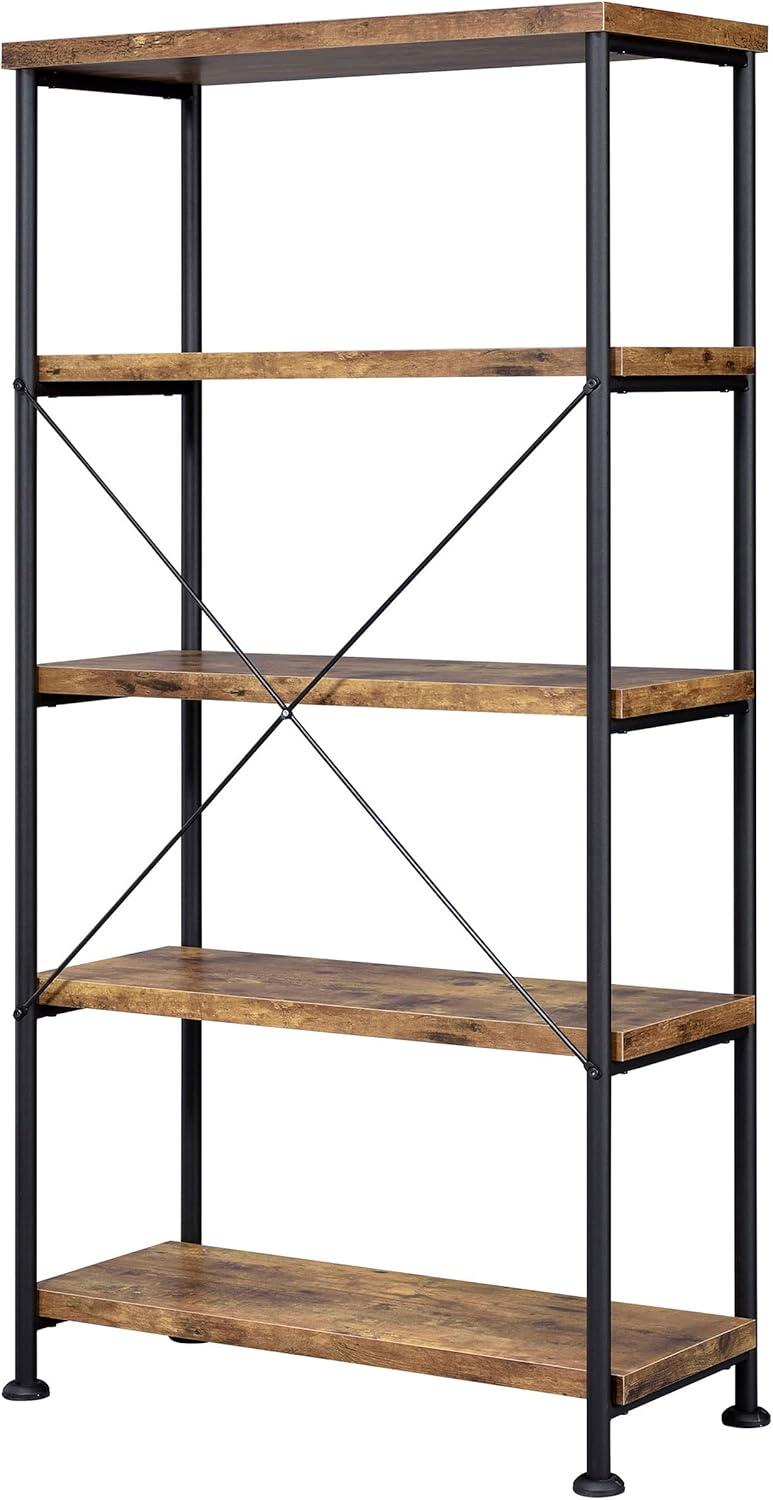 Transitional Antique Nutmeg and Black Steel Tall Bookcase