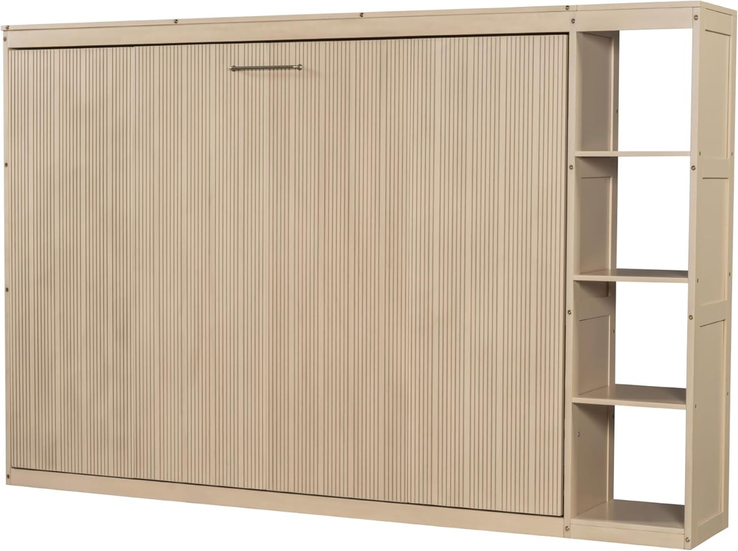 SOFTSEA Modern Murphy Bed Cabinet Bed with Bookshelf, Full Size Foldable Platform Bed Frame with Storage Racks, for Home Guest Room Small Room, Natural