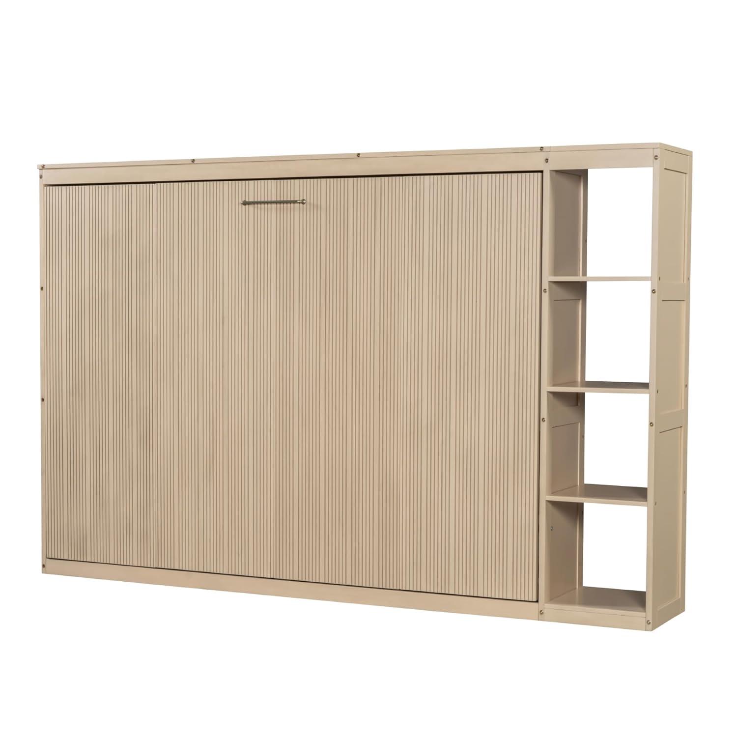 SOFTSEA Modern Murphy Bed Cabinet Bed with Bookshelf, Full Size Foldable Platform Bed Frame with Storage Racks, for Home Guest Room Small Room, Natural