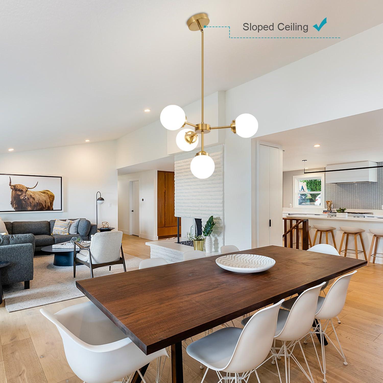 Gold Sputnik Chandelier 4-Light Globe Sputnik Ceiling Light Fixture Mid Century Sputnik Chandeliers with Milk Glass Shade