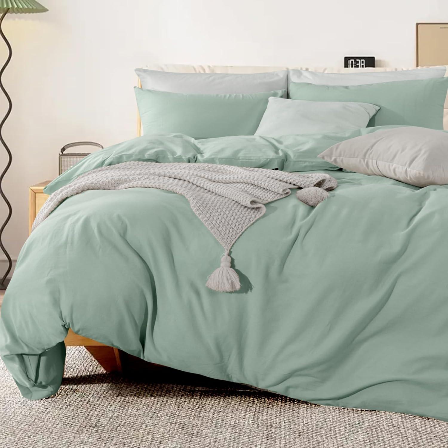 NEXHOME PRO Duvet Cover Set Queen Size Linen Look Textured Organic Natural 100% Washed Cotton Duvet Cover Teal 3 Pieces Bedding Set with Zipper Closure, Breathable, Soft (Aqua Green, No Comforter)