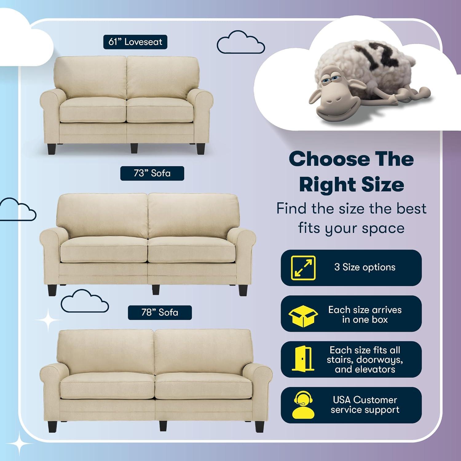 Serta Copenhagen 61" Rolled Arm Sofa, Easy Care Fabric, Soft Pillow Back, Pocket Coil Seat Cushions