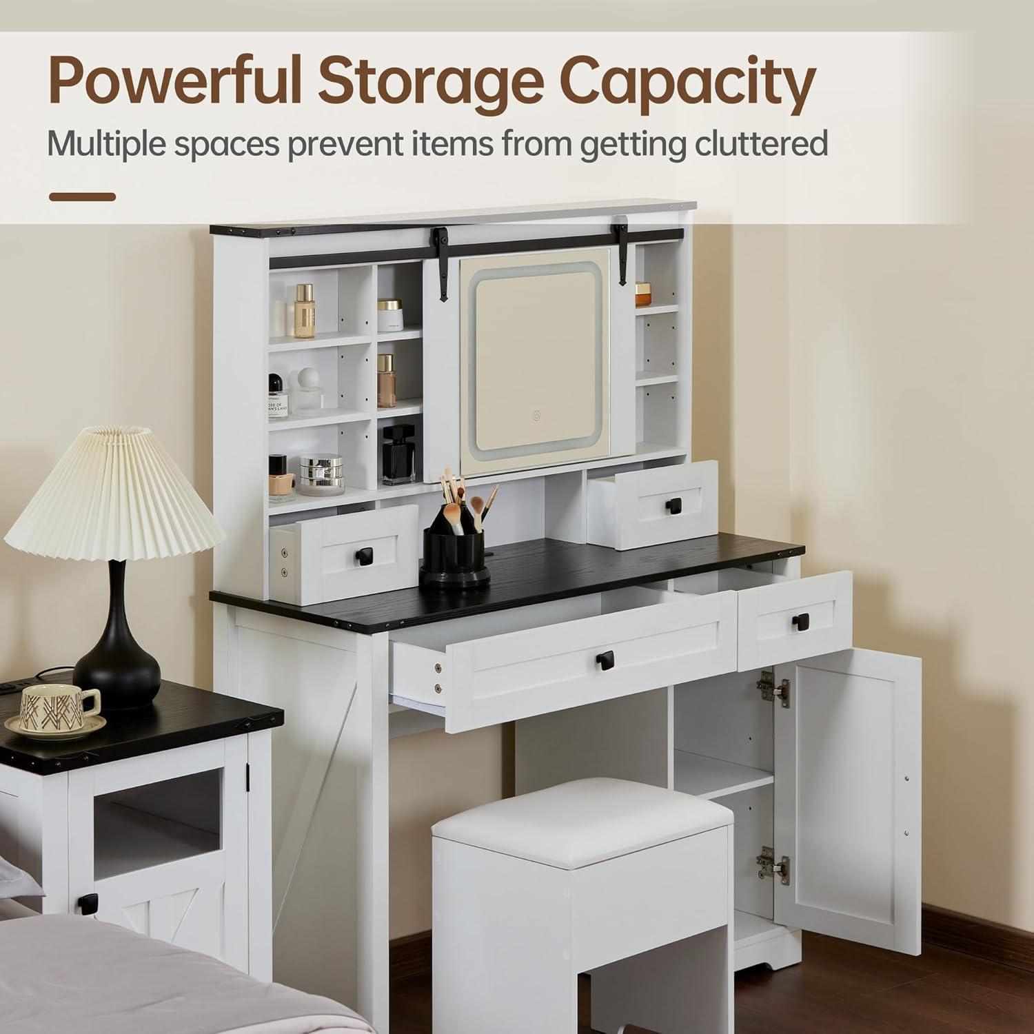 Farmhouse 42'' Makeup Vanity Desk with lighted Sliding Mirror,Tabletop Dresser,2 Drawers & Shelves, Stool Included. Black