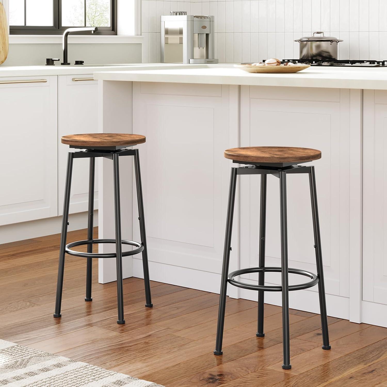 HOOBRO Bar Stools, Swivel Bar Stools Set of 2, 24.9" Round Bar Chairs, Backless Modern Breakfast Chairs, with Adjustable Feet, for Kitchen Islands, Bar, Cafe, Rustic Brown and Black BF24BY01