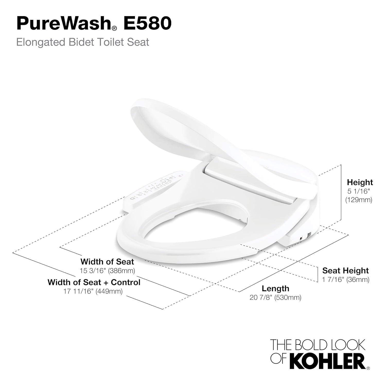 Kohler Purewash E580 Elongated Bidet Toilet Seat K-32330-0